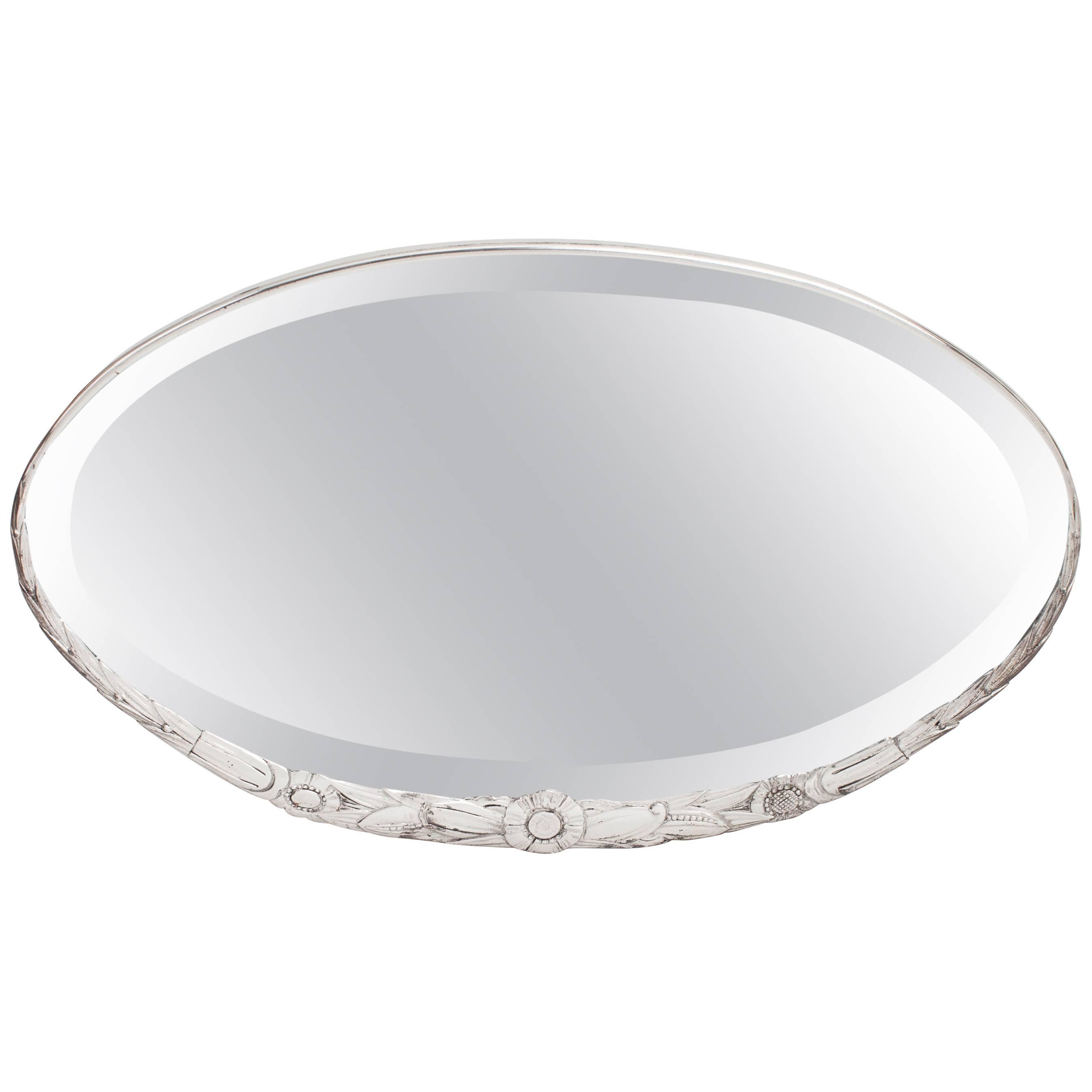Art Deco Oval Mirror with Sculpted Floral Motif in Silvered Bronze, France 1930s