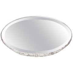 Vintage Art Deco Oval Mirror with Sculpted Floral Motif in Silvered Bronze, France 1930s