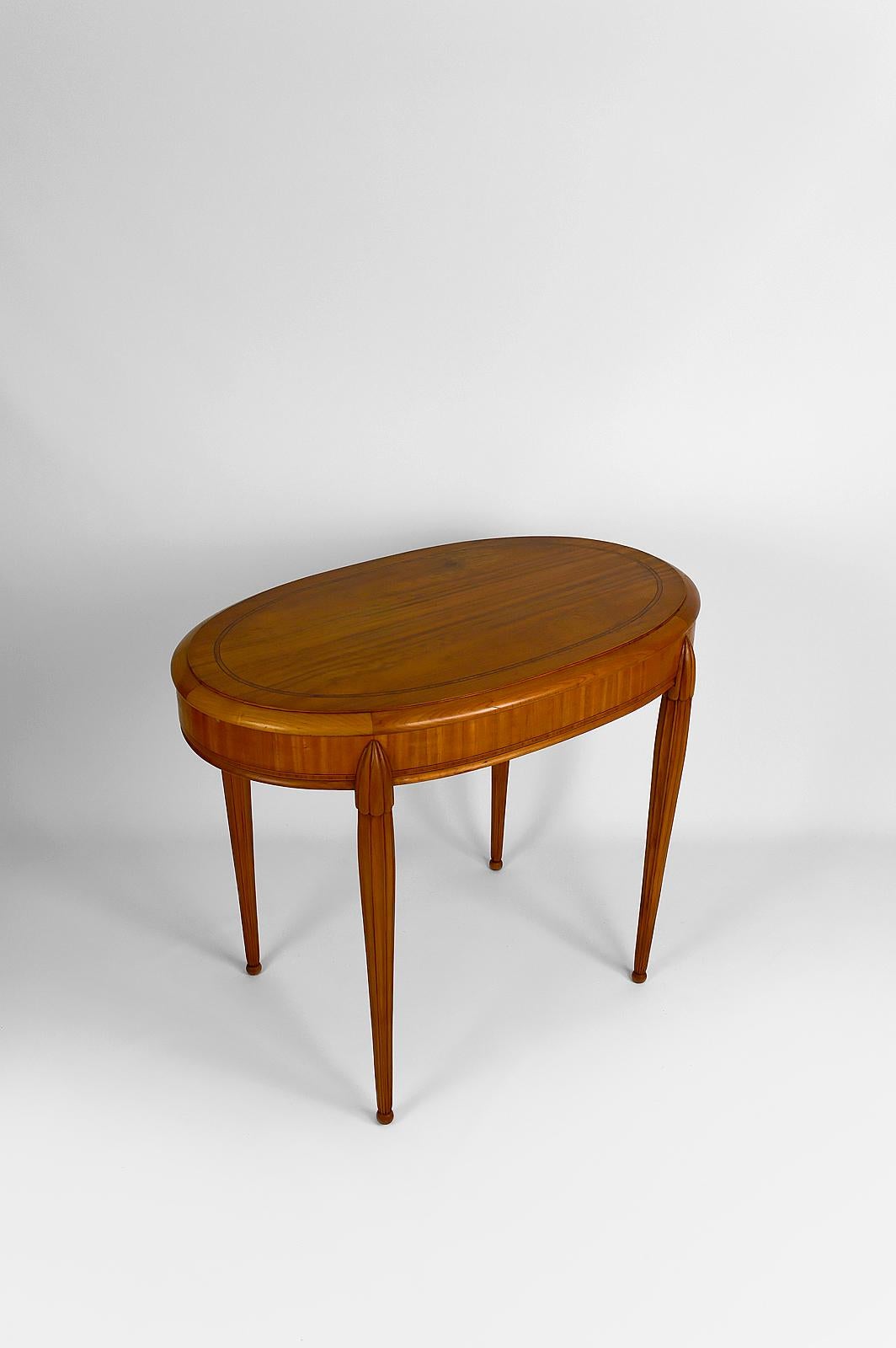 Wood Art Deco Oval Pedestal Table with Marquetry, France, circa 1920