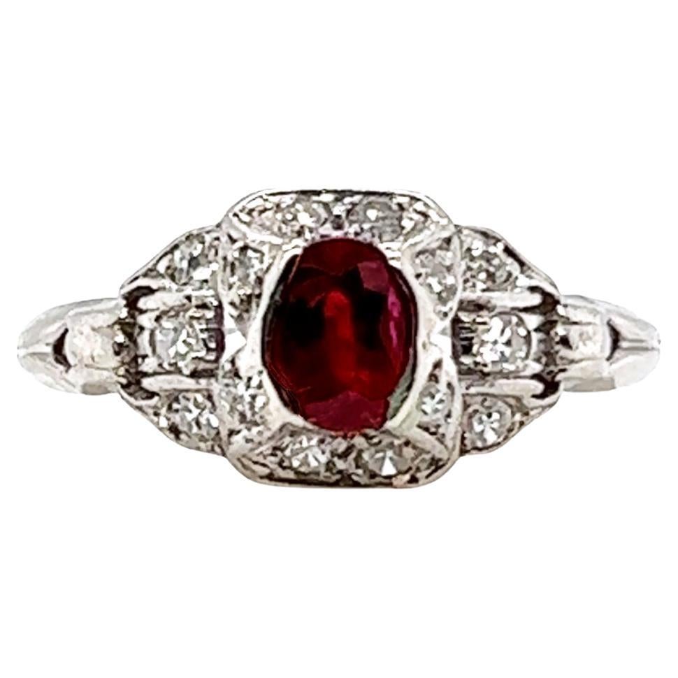 Art Deco Oval Ruby Ring Antique Single Cut Diamonds .70ct Original 1930s Plat