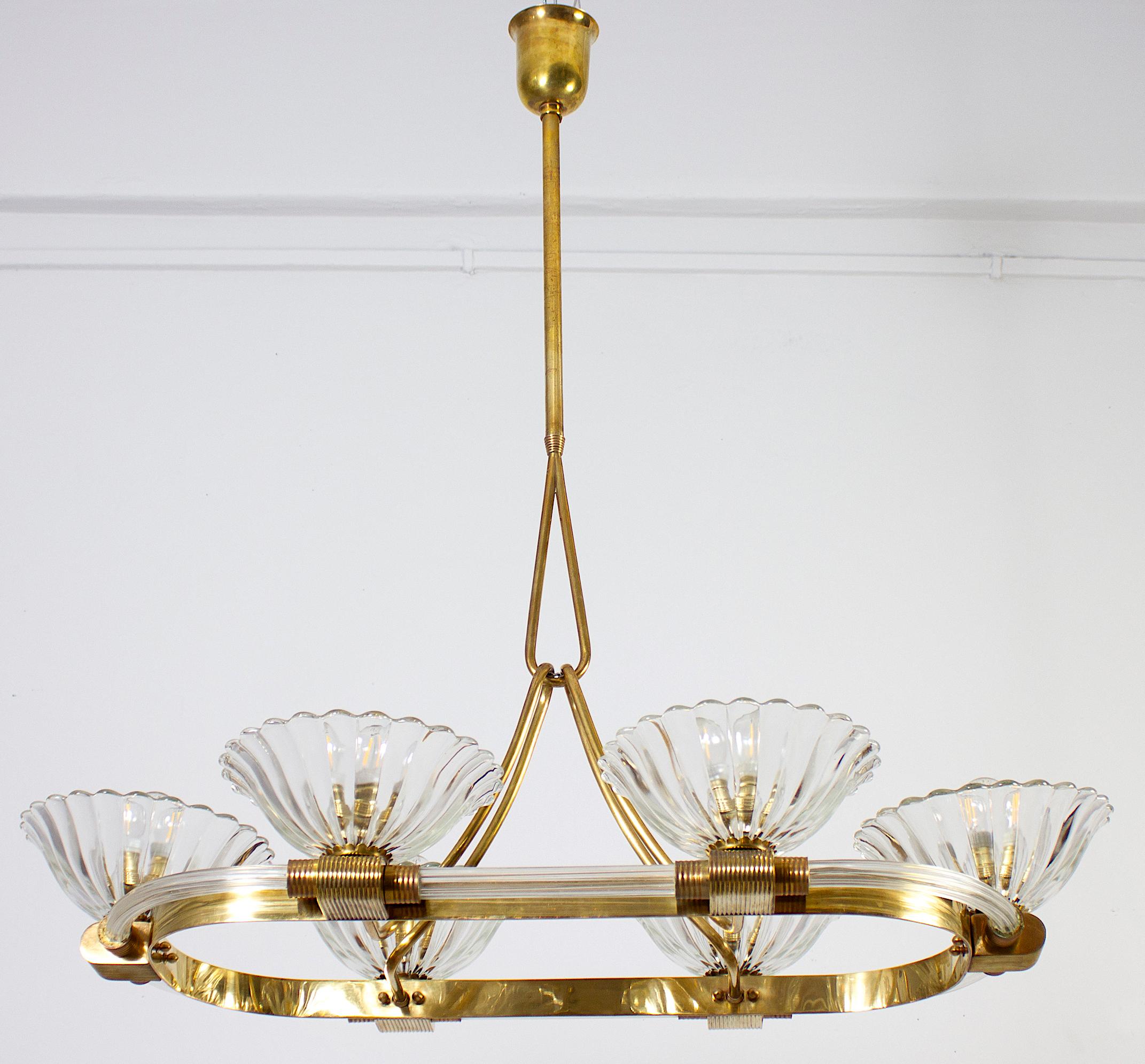  Art Deco Oval Shape Brass and Murano Glass Chandelier by Ercole Barovier 1940 For Sale 5