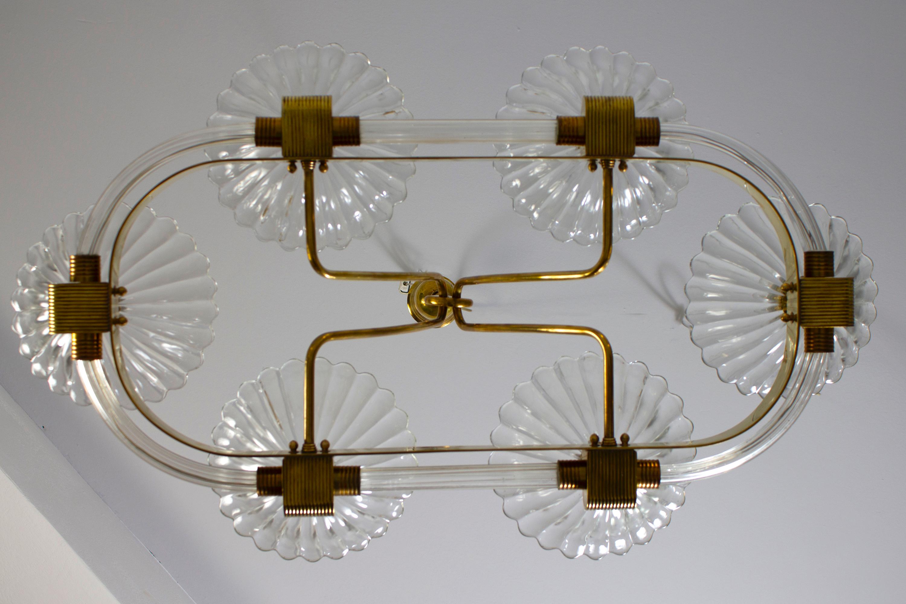  Art Deco Oval Shape Brass and Murano Glass Chandelier by Ercole Barovier 1940 For Sale 7