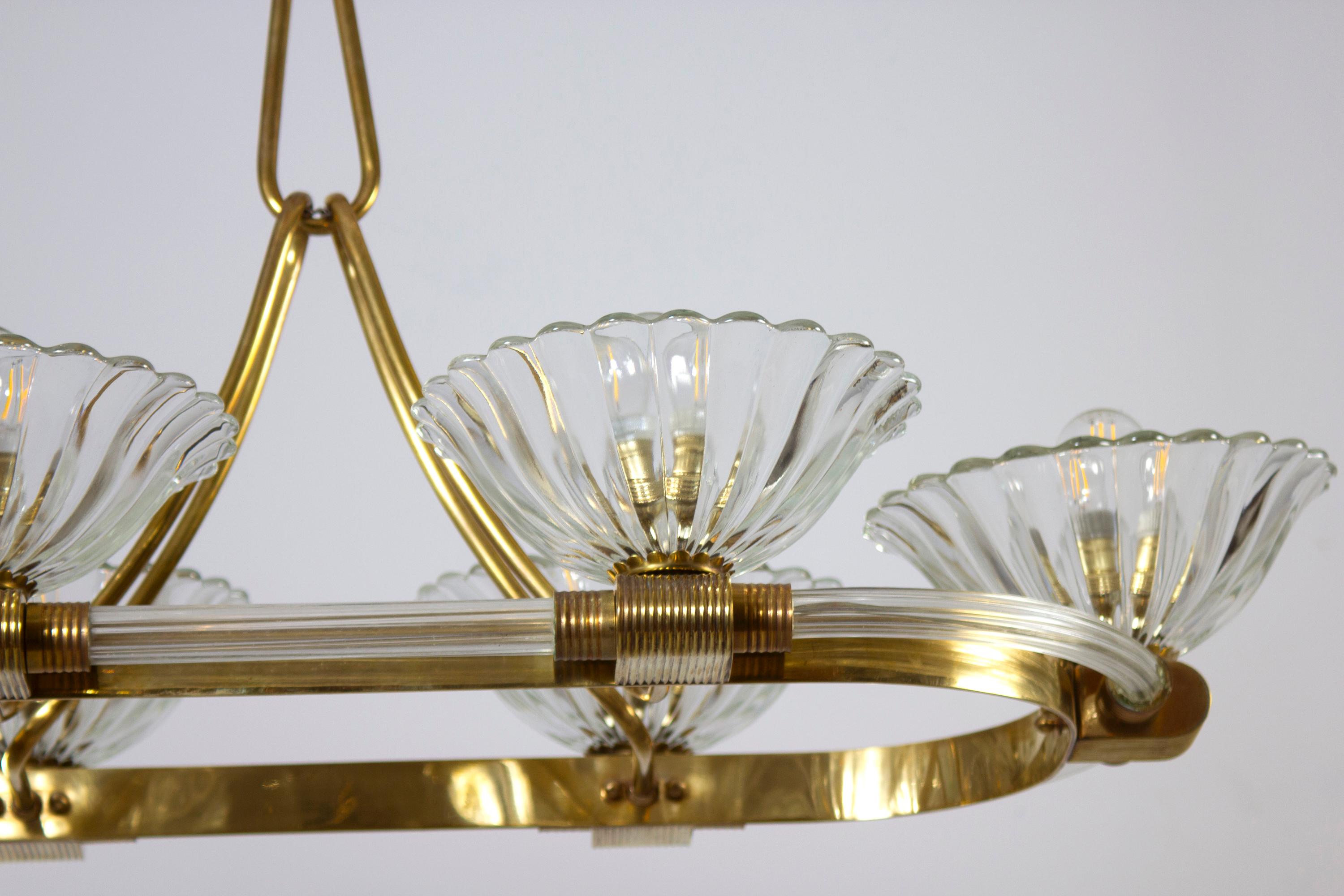 Blown Glass  Art Deco Oval Shape Brass and Murano Glass Chandelier by Ercole Barovier 1940 For Sale