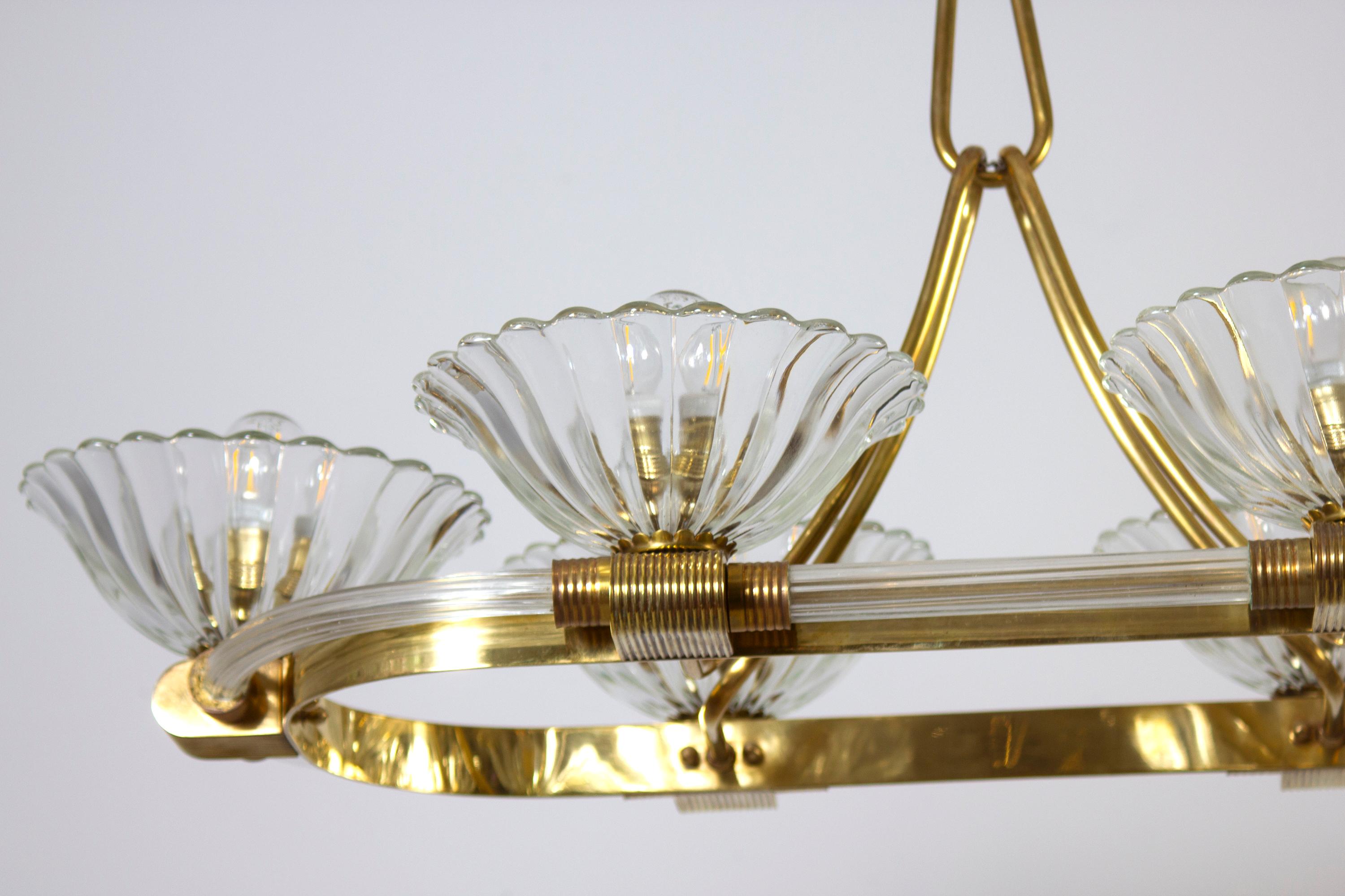  Art Deco Oval Shape Brass and Murano Glass Chandelier by Ercole Barovier 1940 For Sale 1
