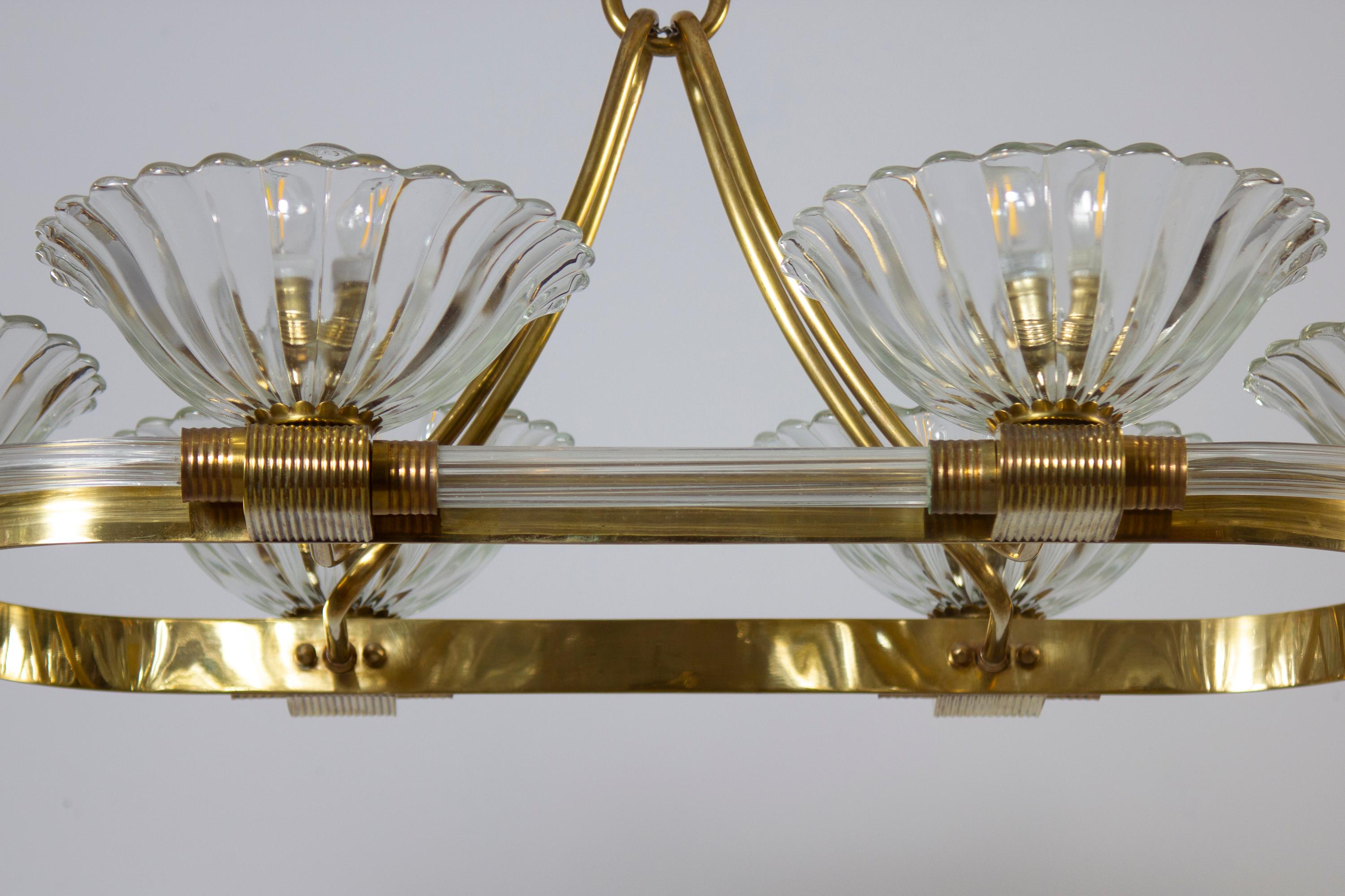  Art Deco Oval Shape Brass and Murano Glass Chandelier by Ercole Barovier 1940 For Sale 2
