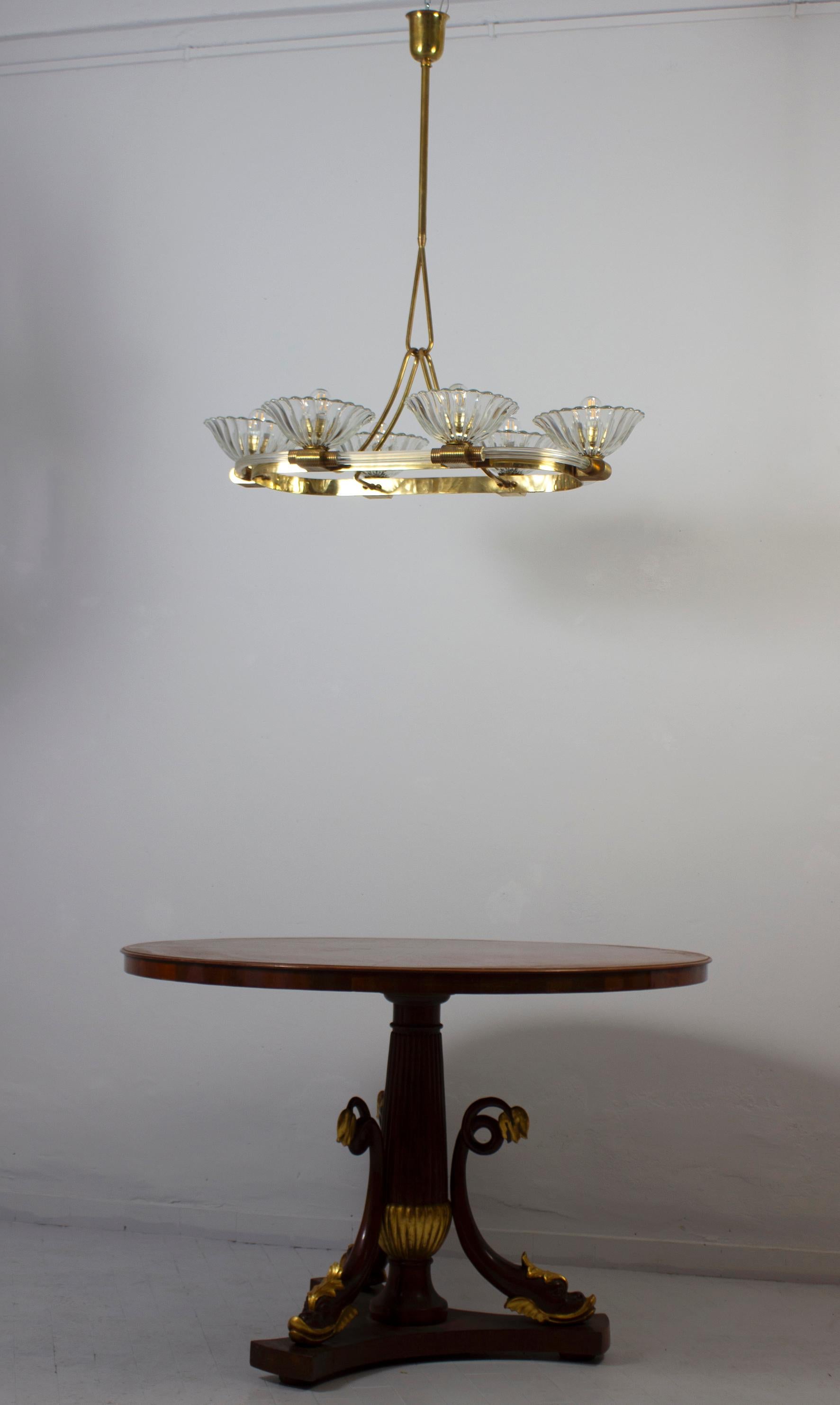  Art Deco Oval Shape Brass and Murano Glass Chandelier by Ercole Barovier 1940 For Sale 3