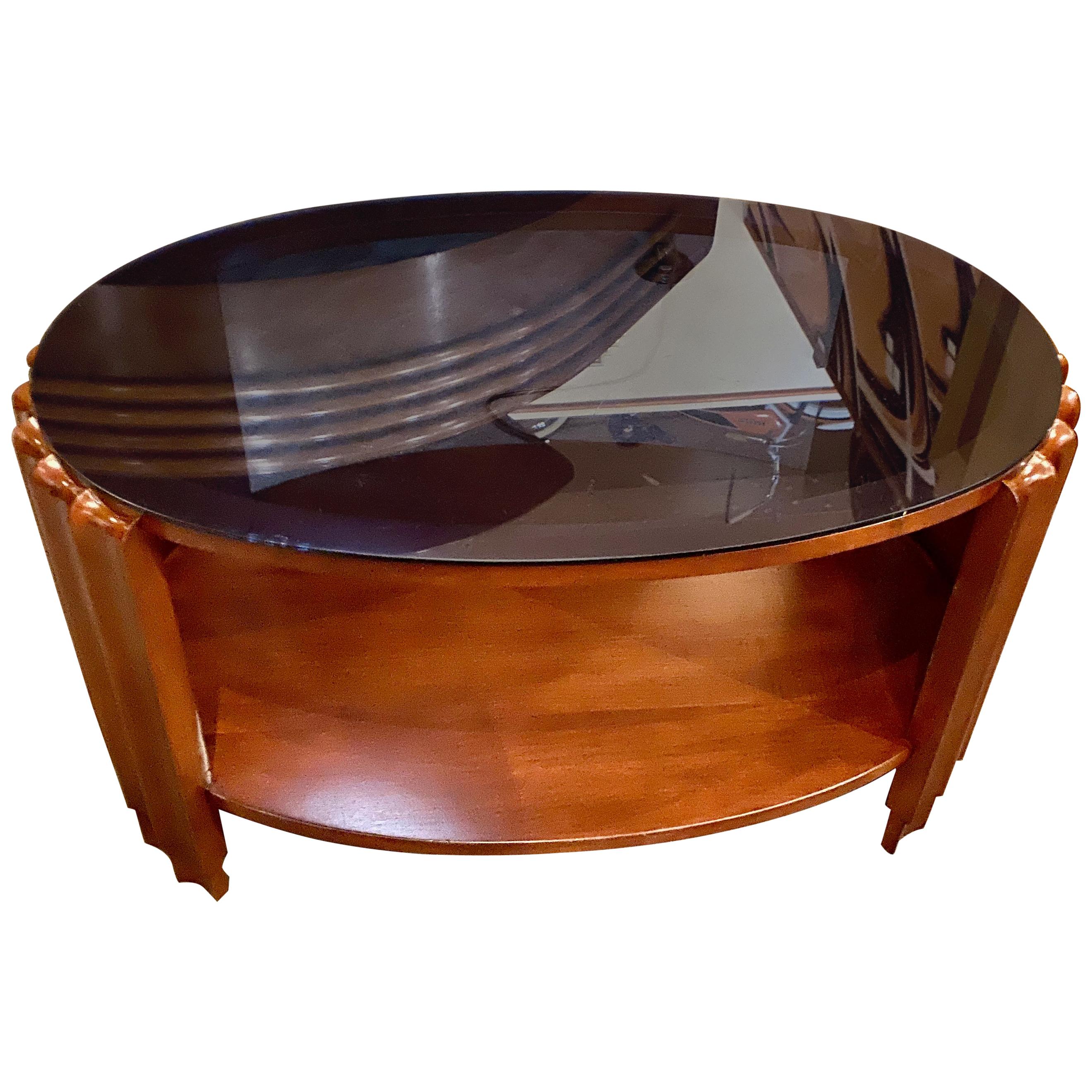 Art Deco Oval Shaped Faceted Coffee Table Glass Top