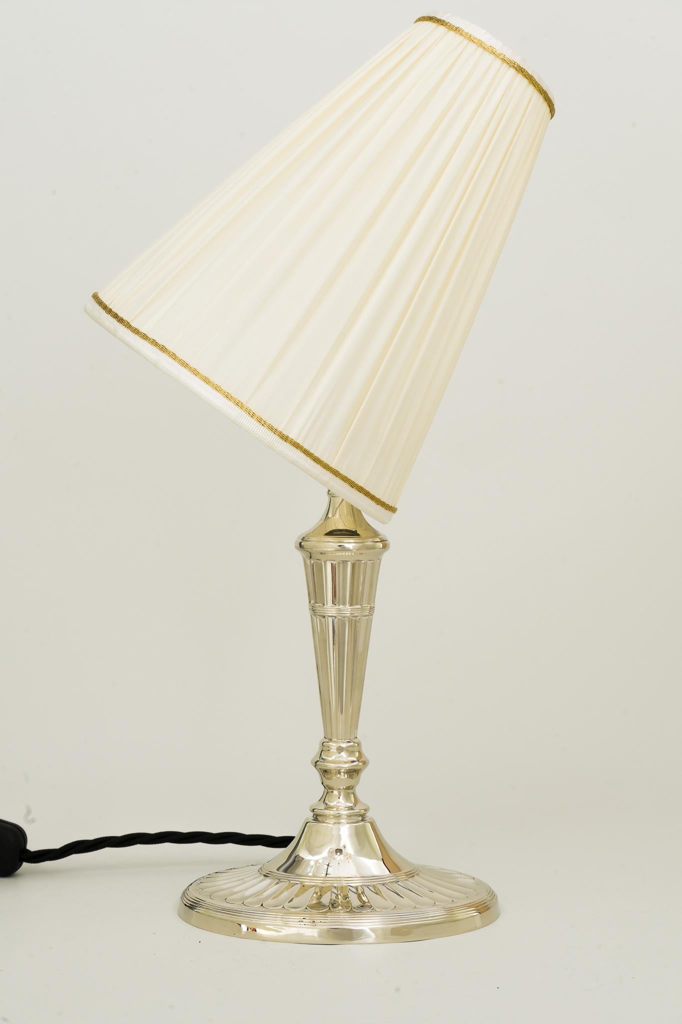 Lacquered Art Deco Oval Table Lamp Alpaca with Fabric Shade, circa 1920s