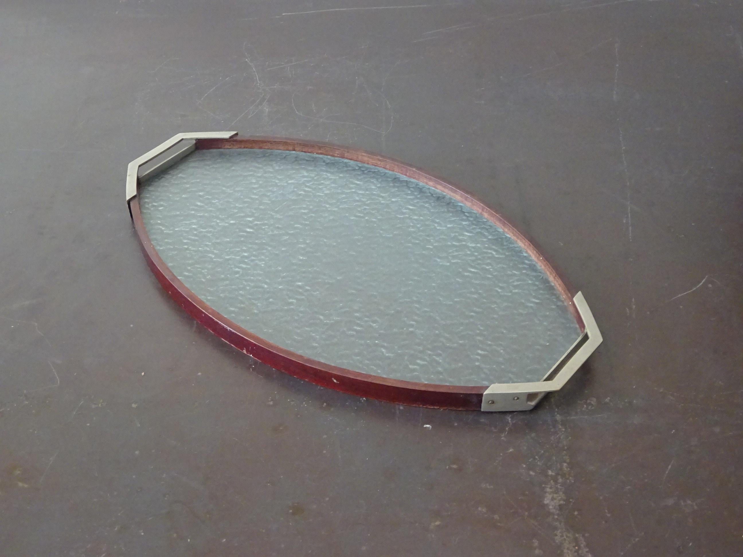 Decorative and functional Art Déco oval tray in wood, aluminum and glass, crafted with meticulous detail.