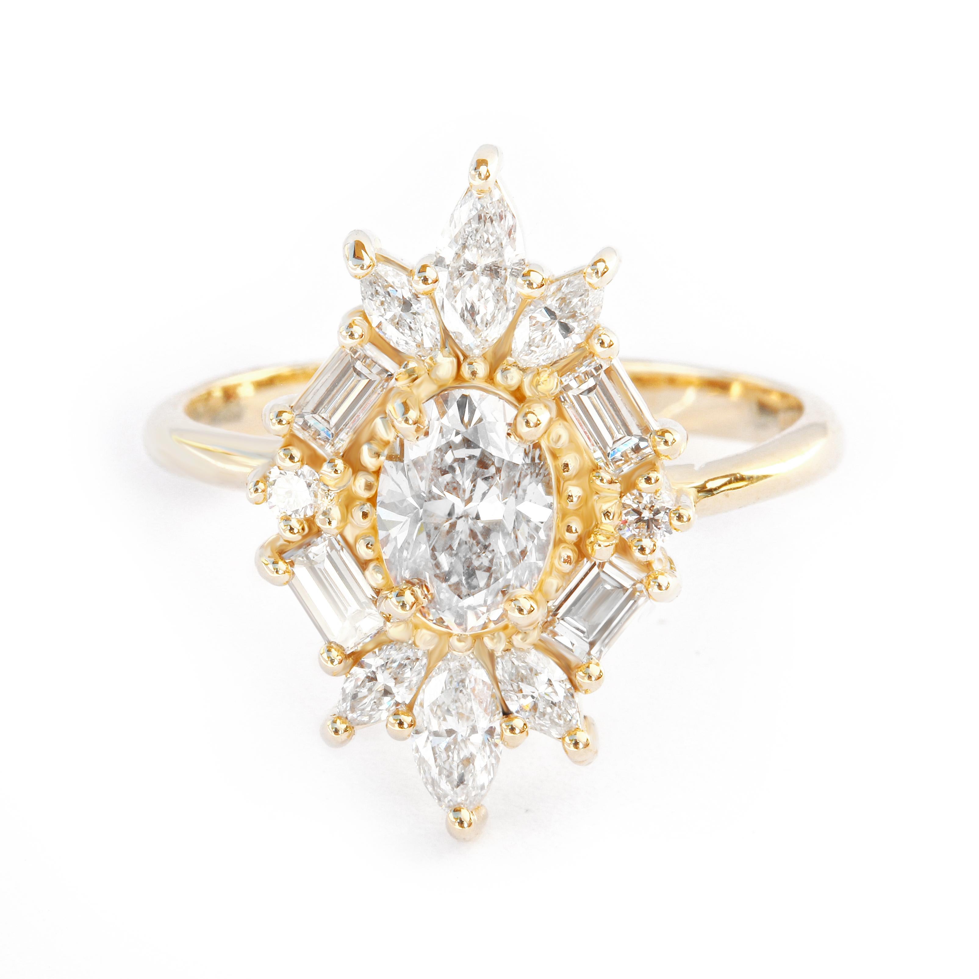 Art Deco Oval Unique Moissanite Cluster Engagement ring The Great Gatsby In New Condition For Sale In Hertsliya, IL
