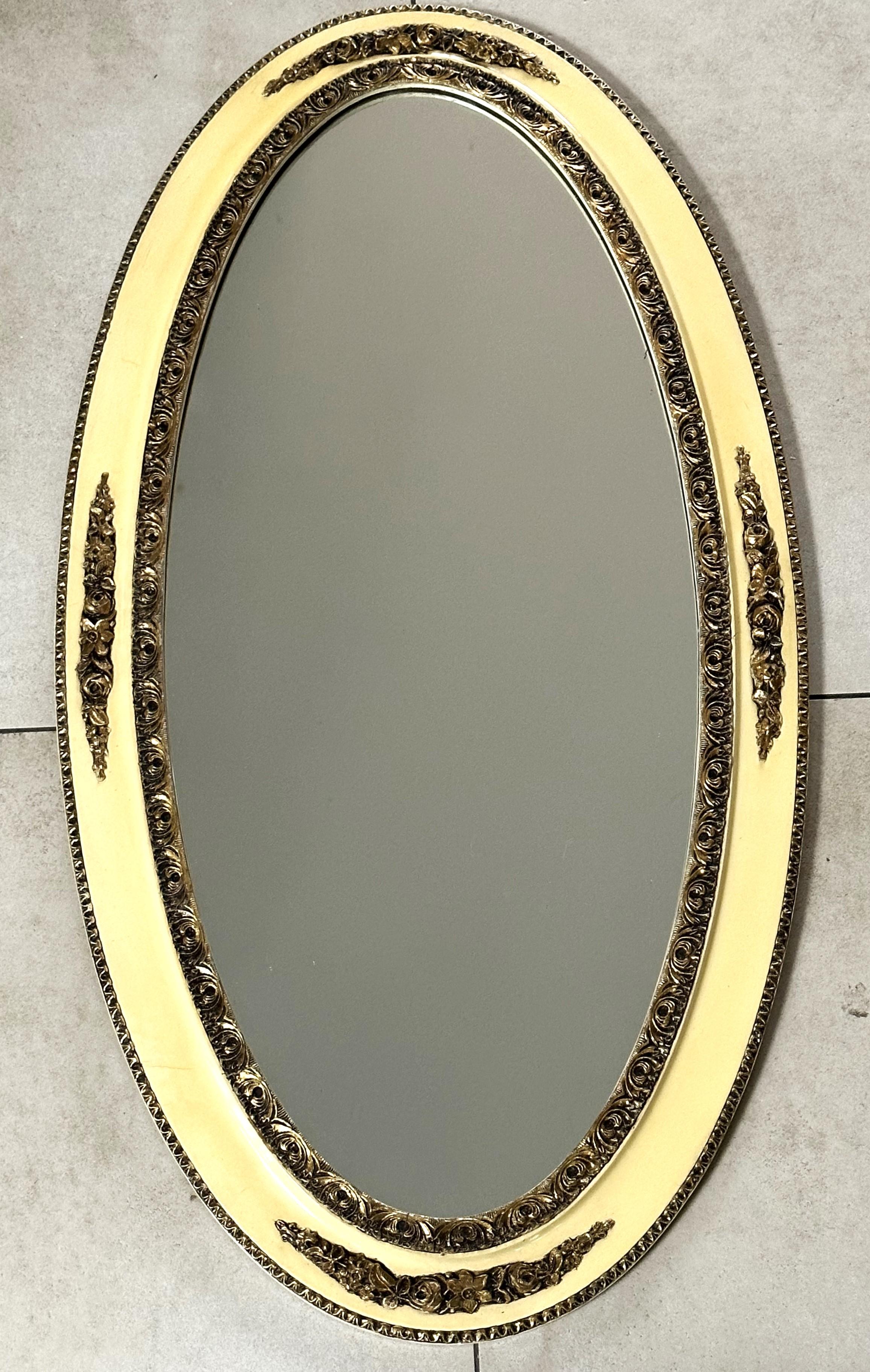 Gold Leaf Art Deco Oval Wall Mirror Gilt Wood, France 1935 For Sale