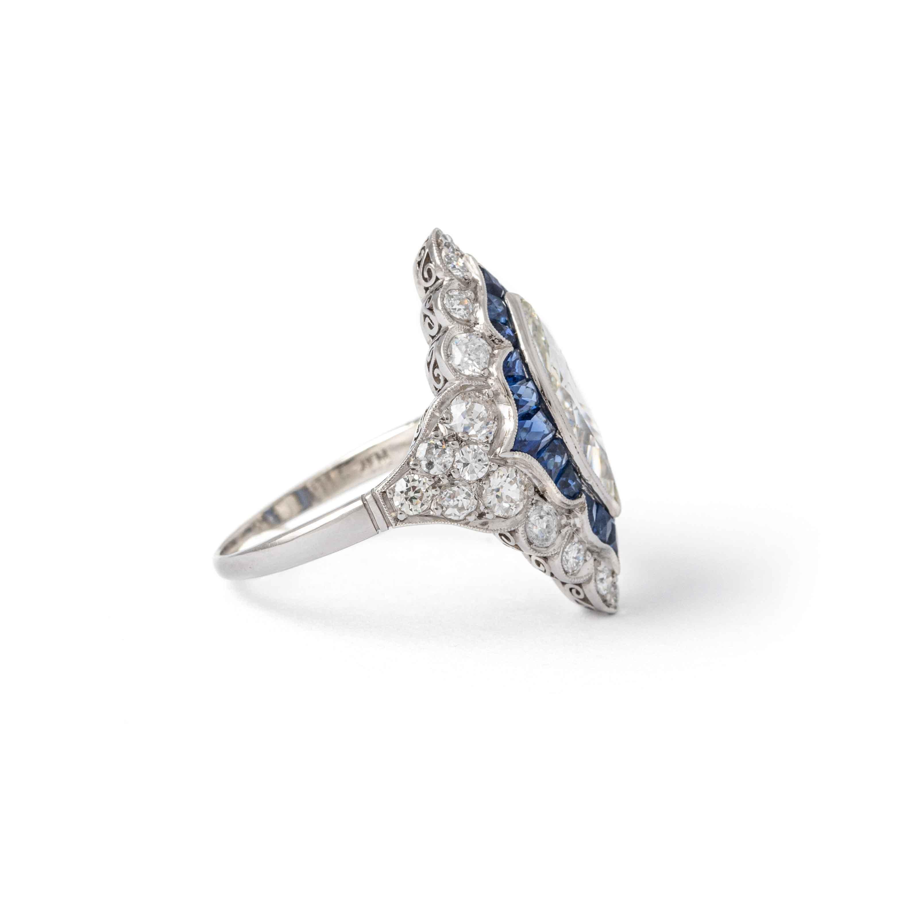 Marquise Cut Art Deco over 2 carat Diamond Marquise Sapphire Platinum Ring For Sale