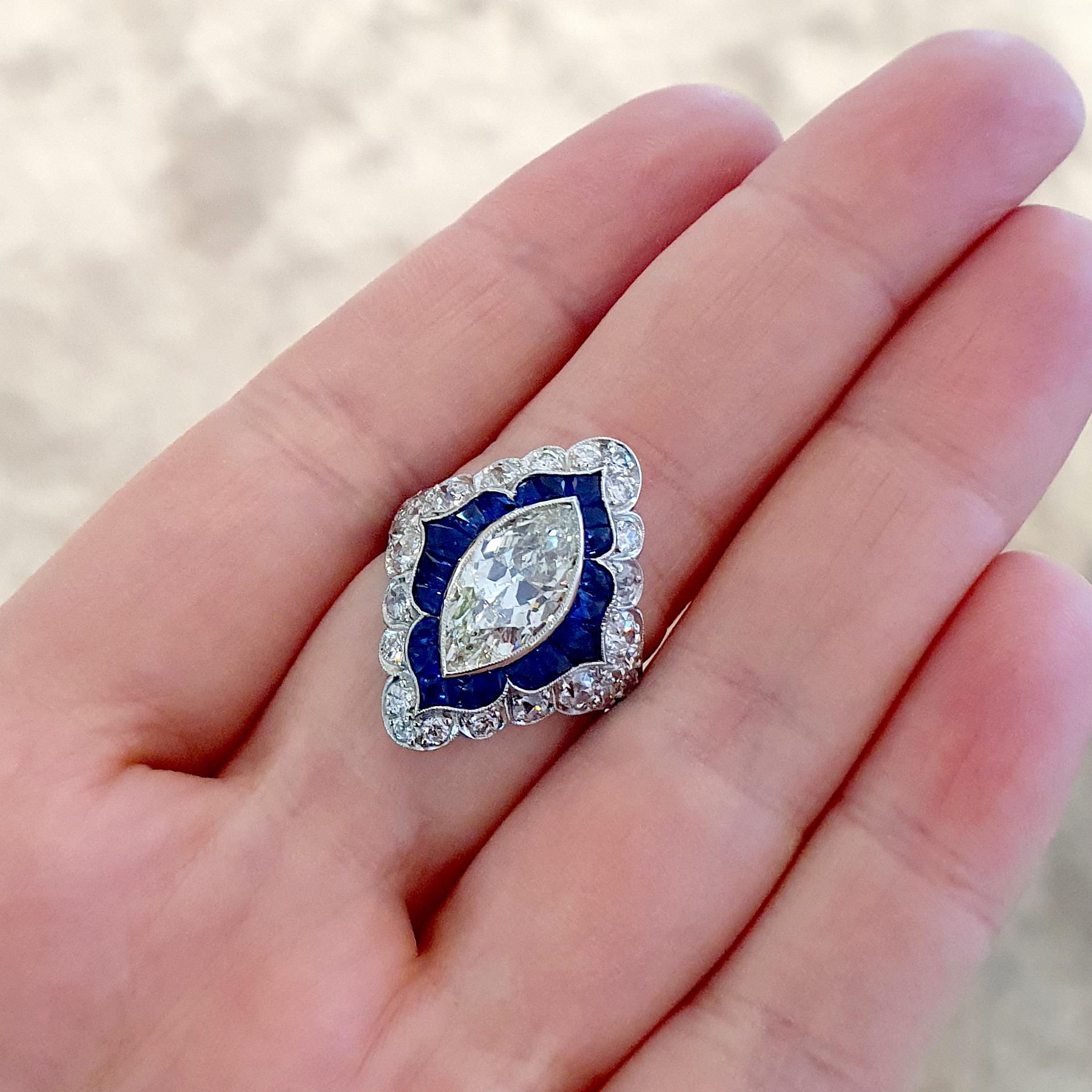 Art Deco over 2 carat Diamond Marquise Sapphire Platinum Ring For Sale 3