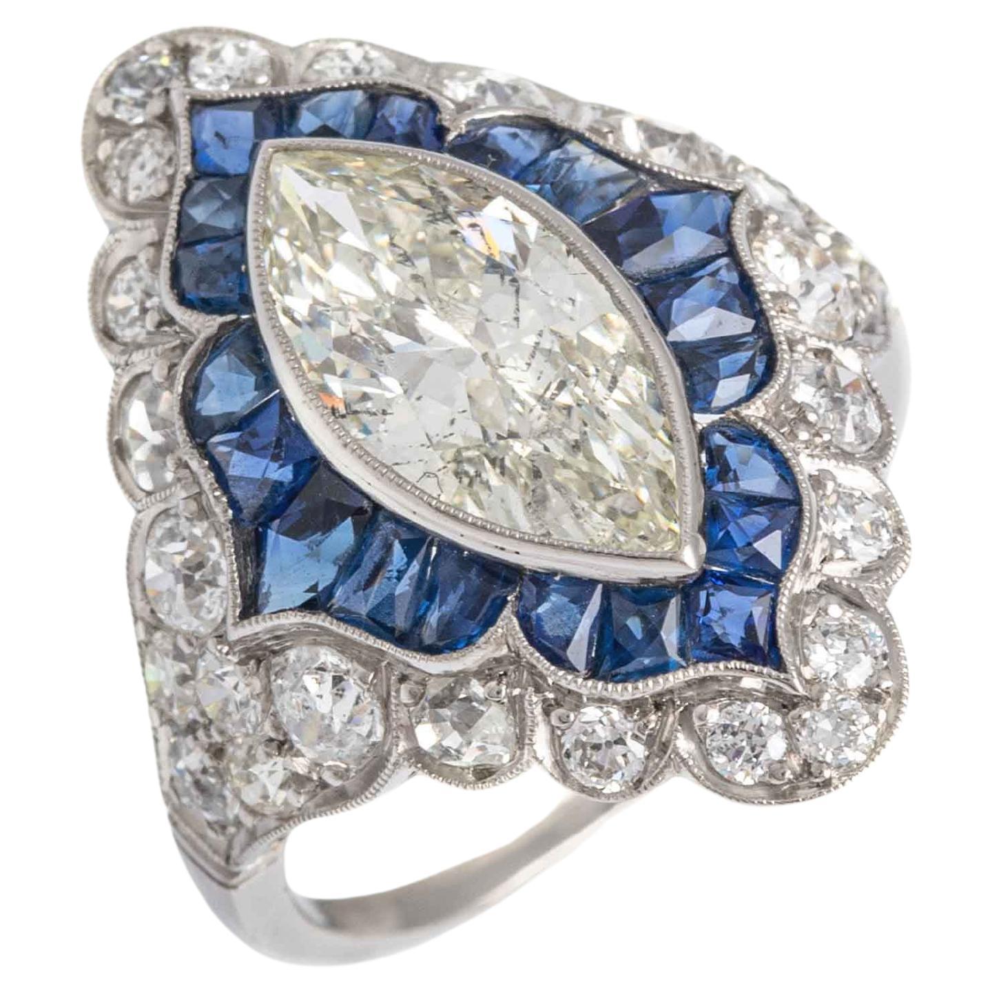 Art Deco over 2 carat Diamond Marquise Sapphire Platinum Ring For Sale