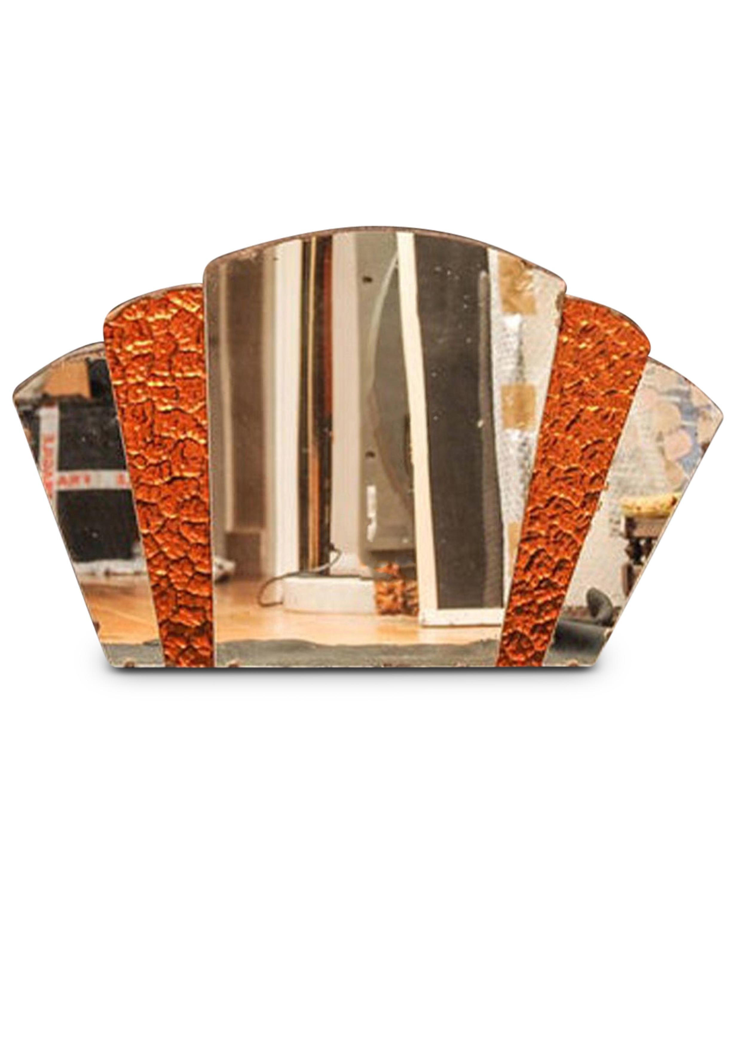 Art Deco Over Mantel Fan Wall Mirror with Attractive Amber Glass Panels 1930's In Fair Condition For Sale In High Wycombe, GB