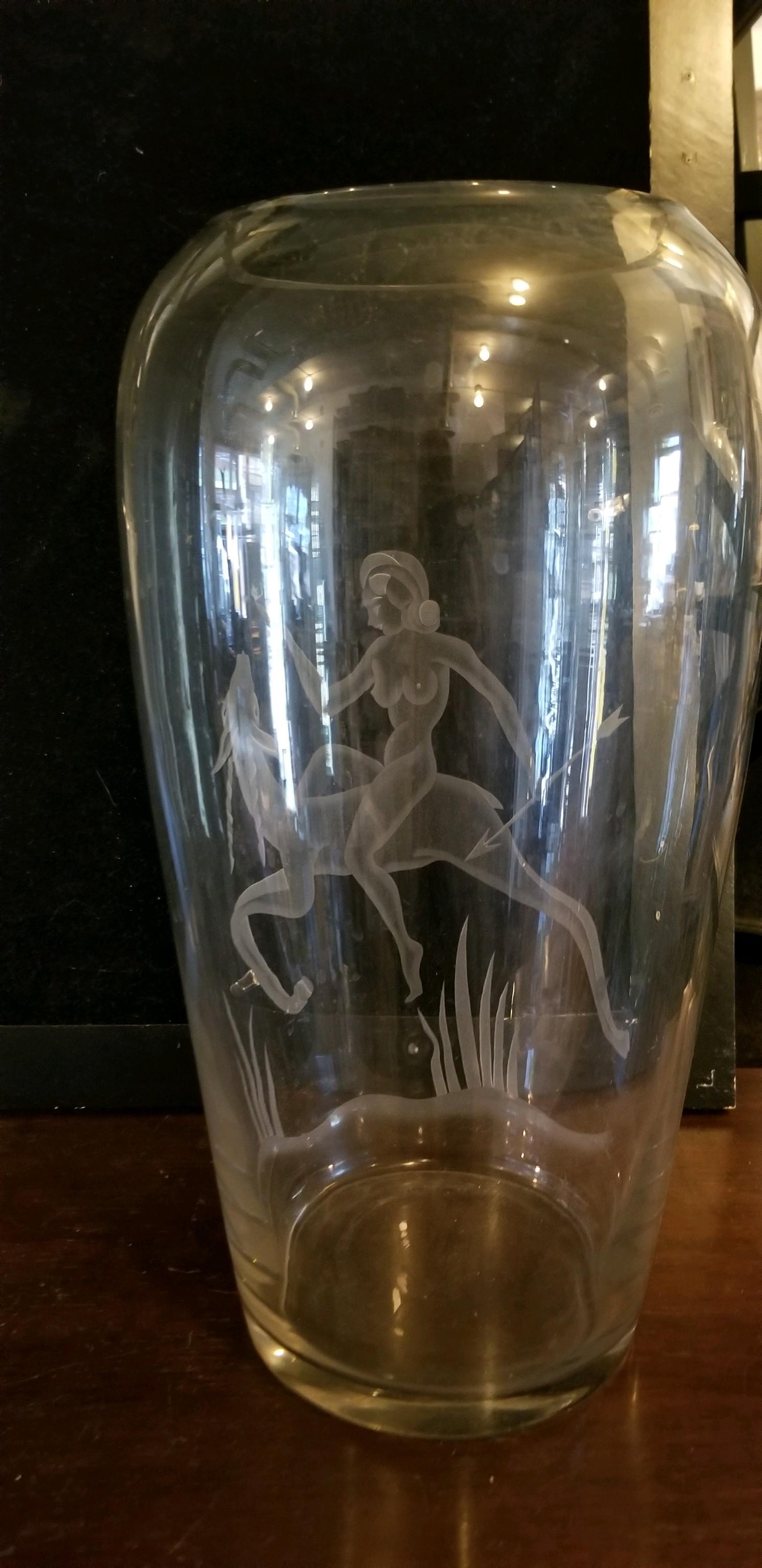 20th Century Art Deco Oversized Etched Glass Vase For Sale