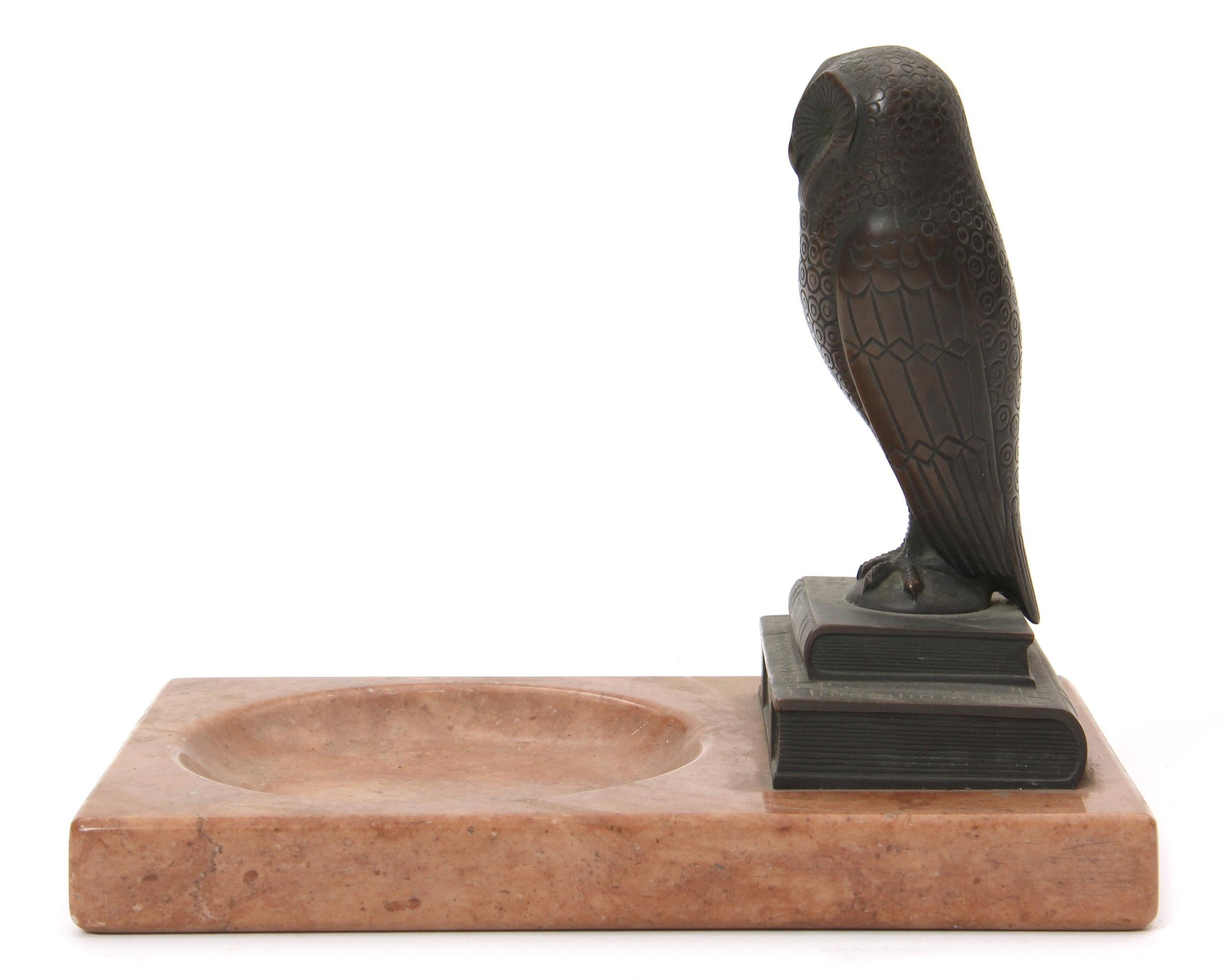 American Art Deco Owl Ashtray in Bronze and Pink Marble