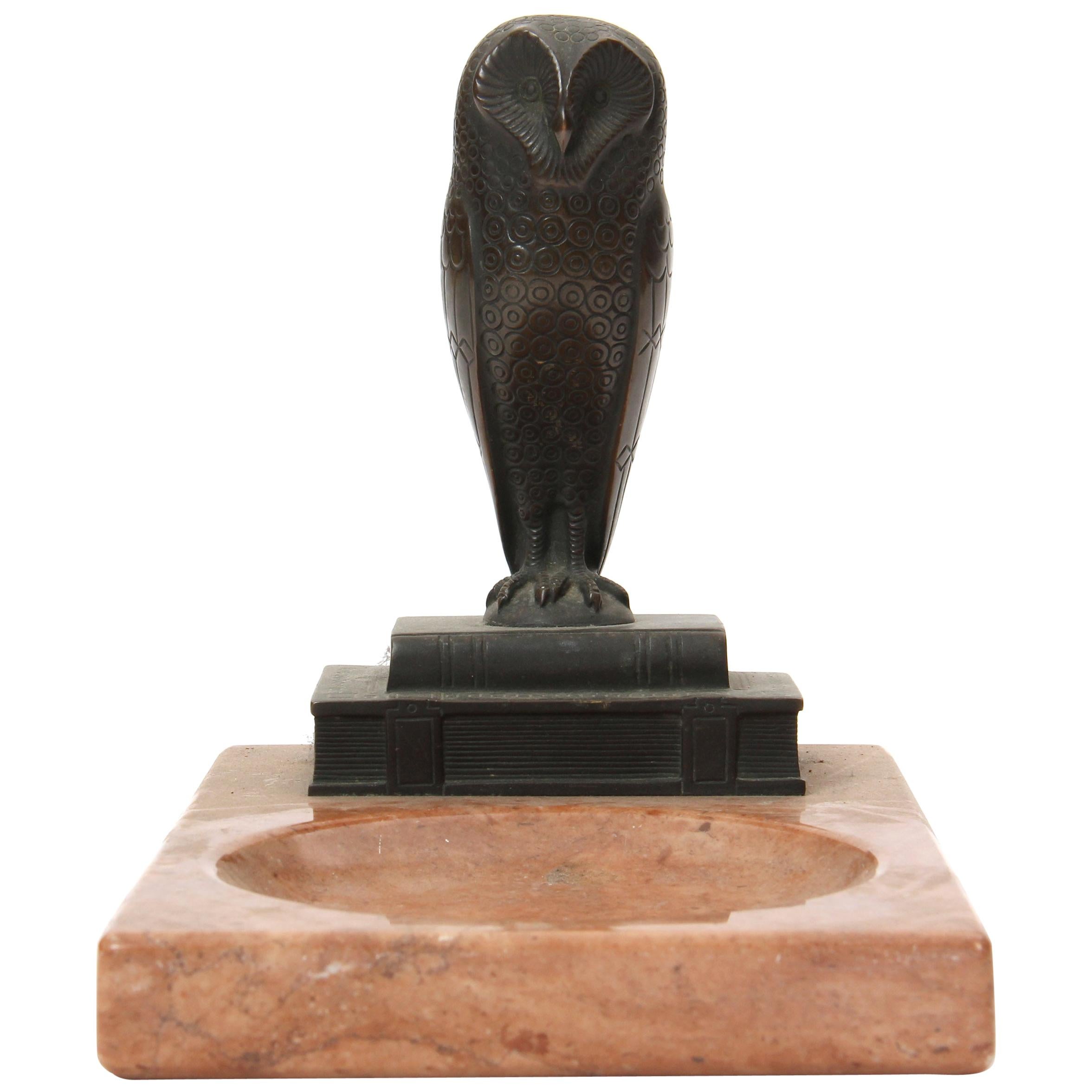 Art Deco Owl Ashtray in Bronze and Pink Marble