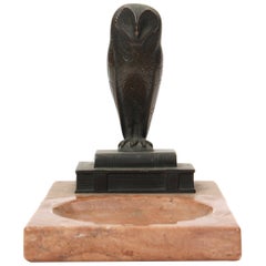 Art Deco Owl Ashtray in Bronze and Pink Marble