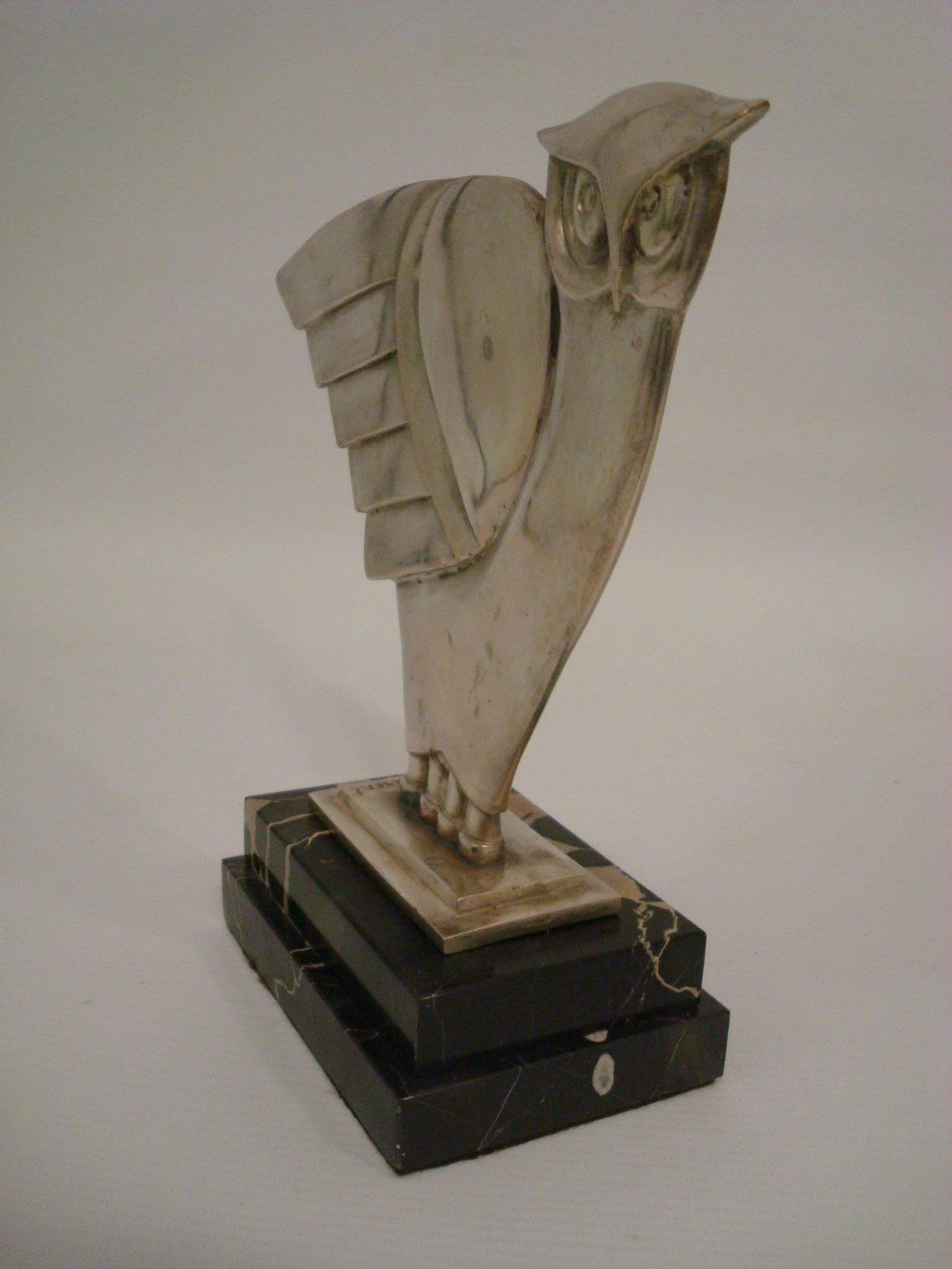 French Art Deco Owl Silvered Bronze Sculpture, G.H. Laurent, France, 1930