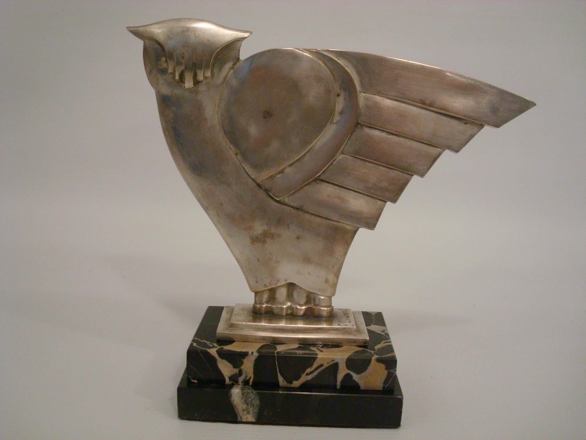 Marbre Sculpture de hibou Art déco en bronze argenté, G.H. Laurent, France, 1930