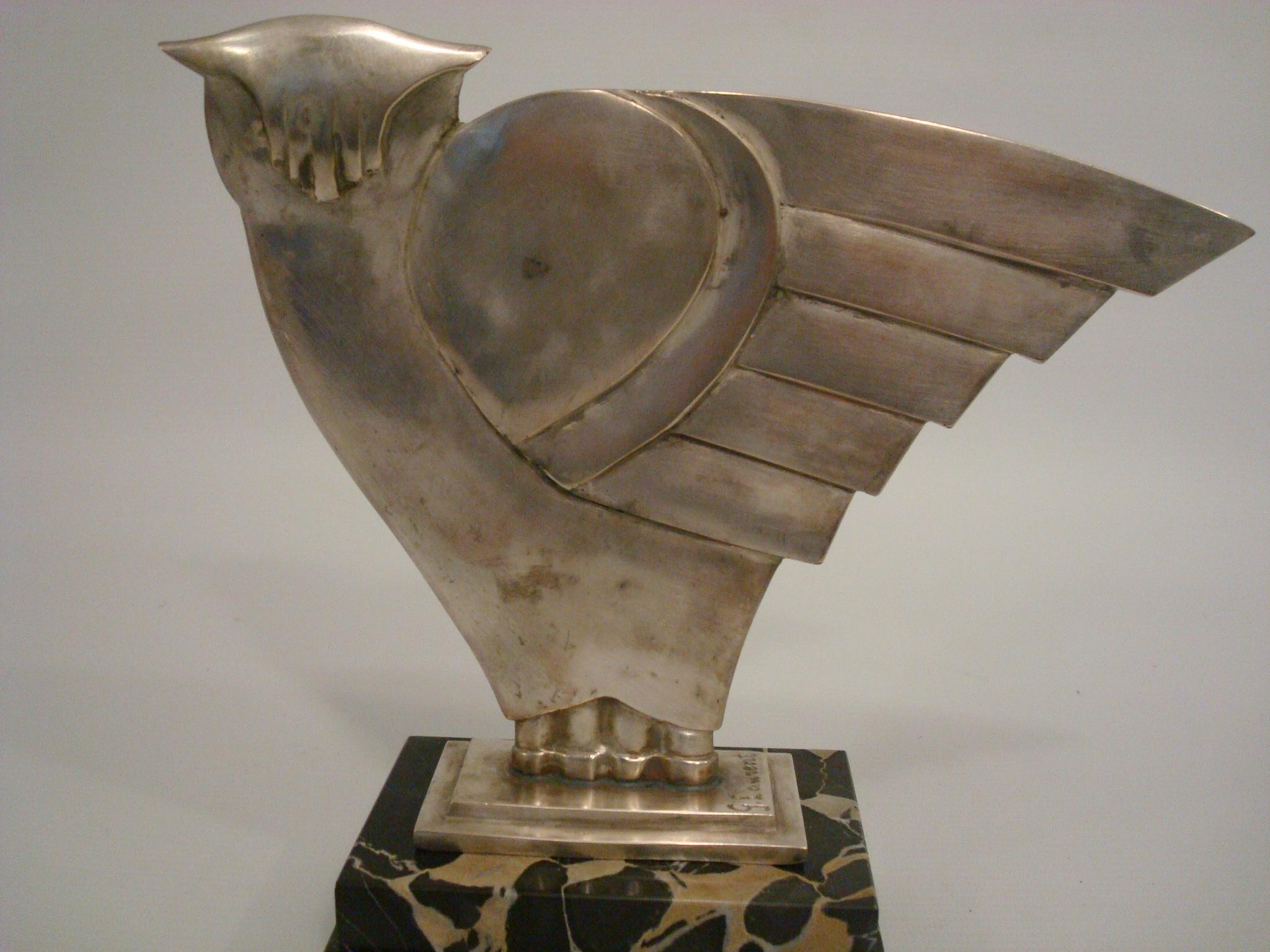 Early 20th Century Art Deco Owl Silvered Bronze Sculpture, G.H. Laurent, France, 1930