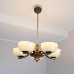 Art Deco Paavo Tynell Pendant 1255 in Brass, Birch & Opaline Glass, Taito 1930s