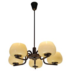 Art Deco Paavo Tynell Pendant in Brass, Birch and Opaline Glass, Taito 1930s
