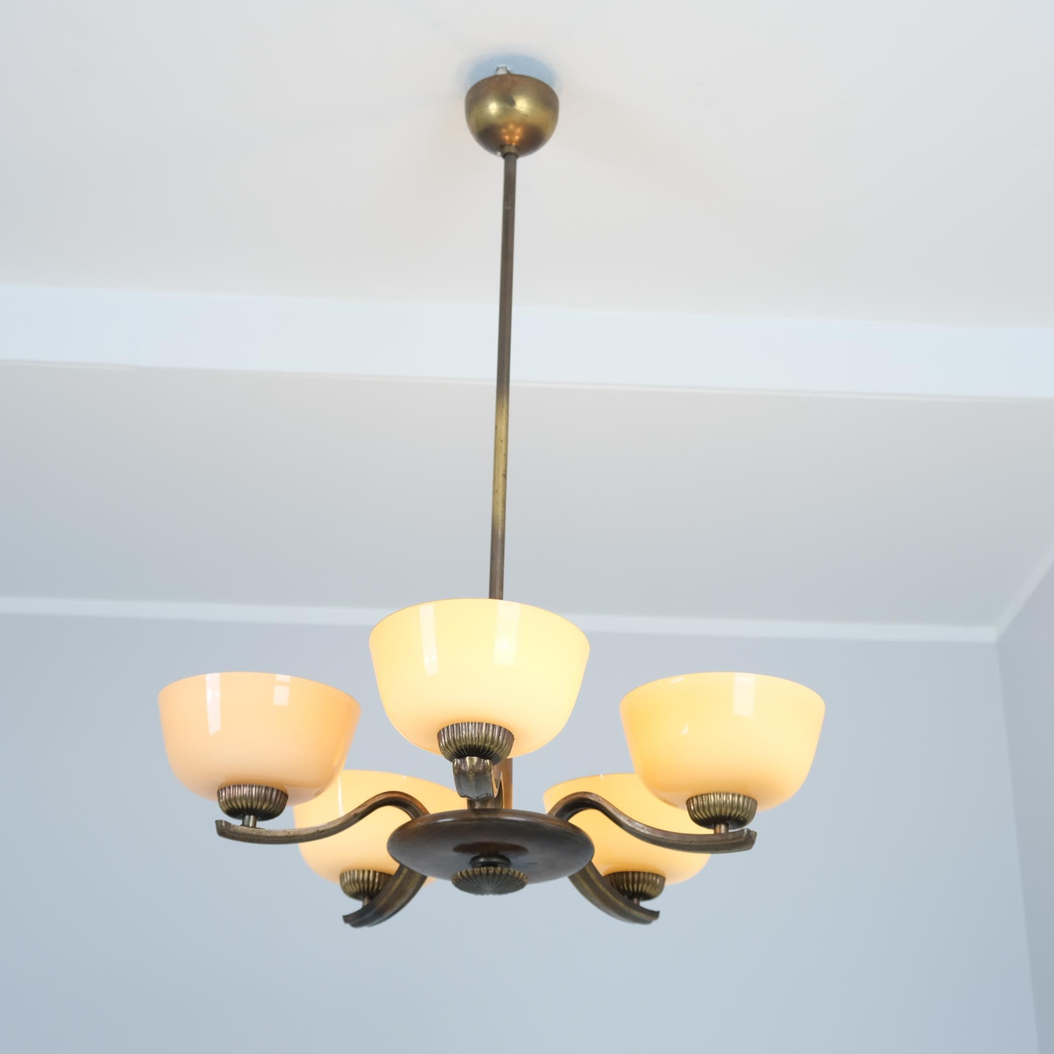 Art Deco Paavo Tynell Pendant in Brass, Birch & Opaline Glass, Taito 1930s For Sale 7