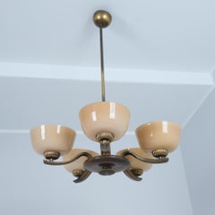 Art Deco Paavo Tynell Pendelleuchte aus Messing, Birke und Opalglas, Taito 1930s