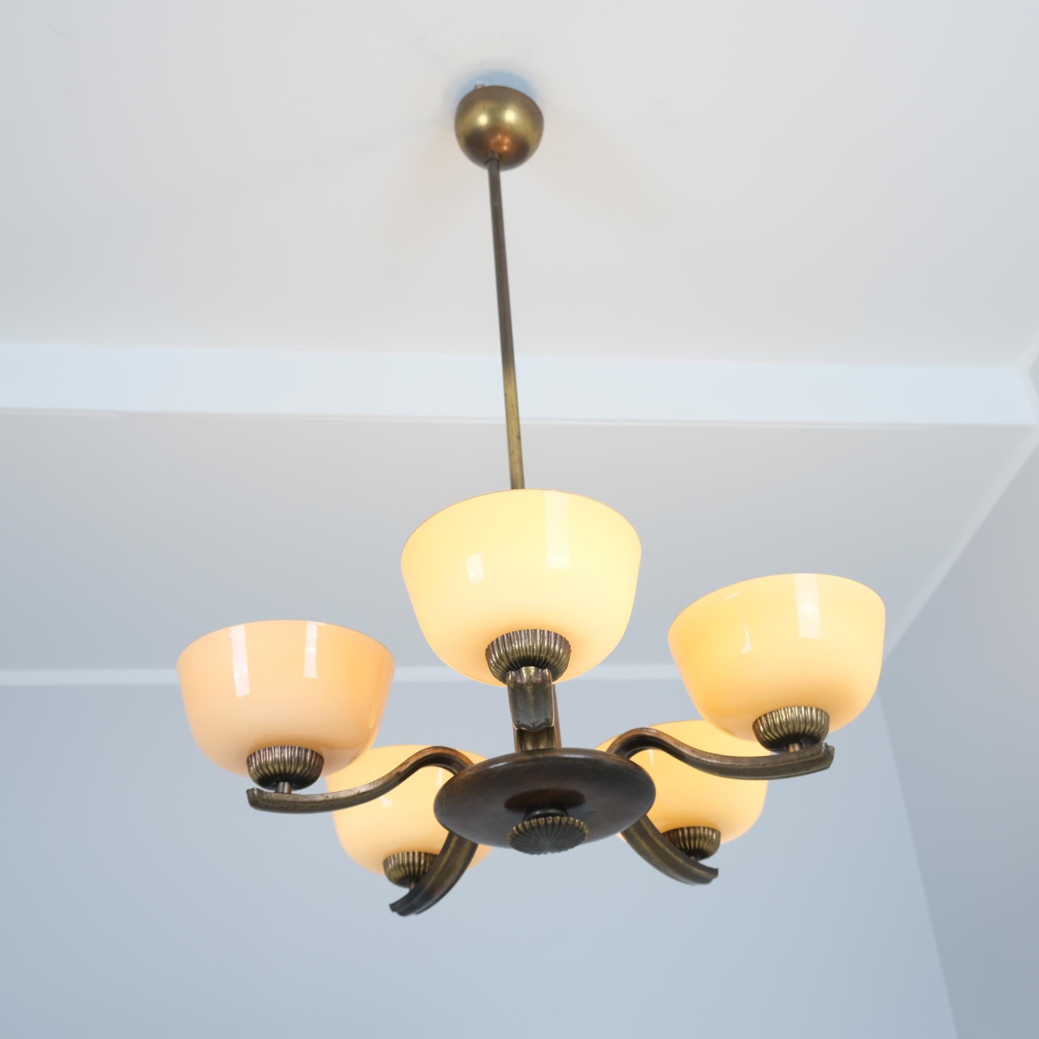 Finnish Art Deco Paavo Tynell Pendant in Brass, Birch & Opaline Glass, Taito 1930s For Sale