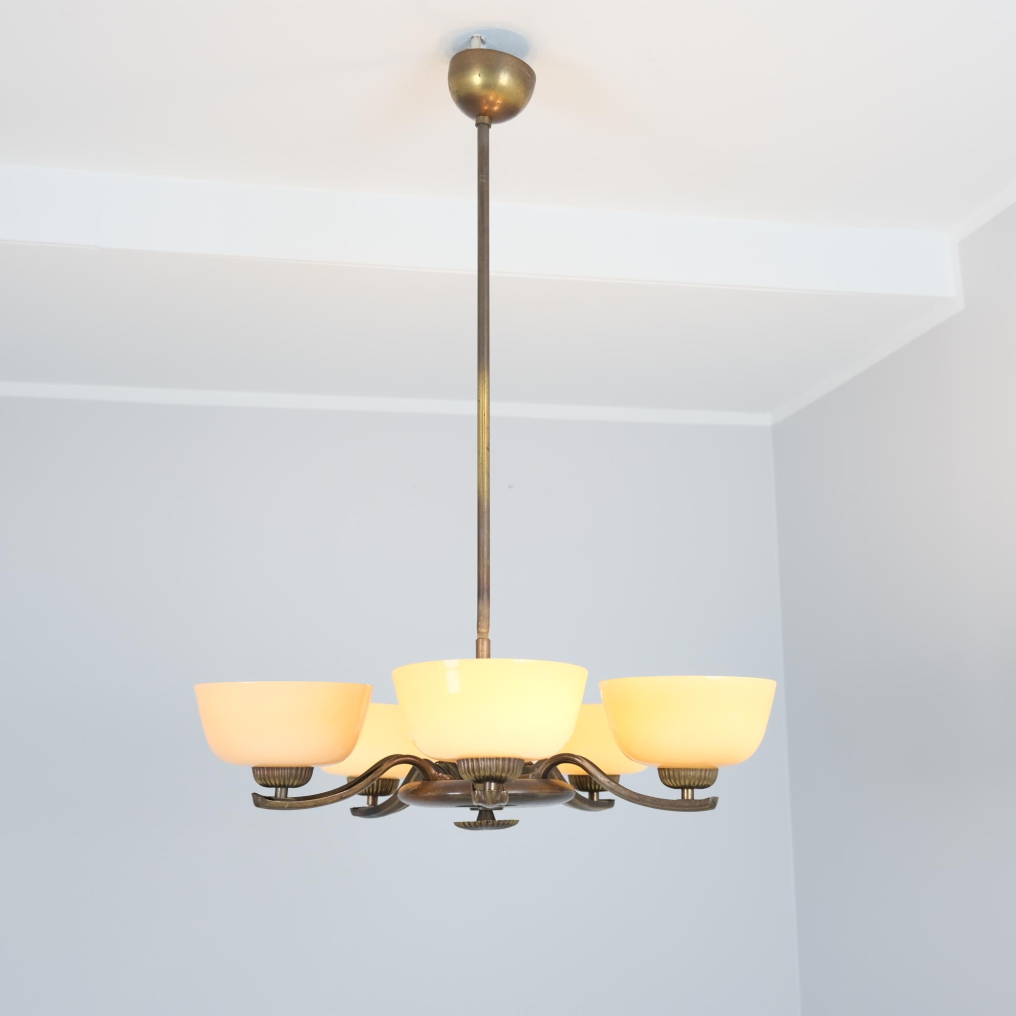 Art Deco Paavo Tynell Pendant in Brass, Birch & Opaline Glass, Taito 1930s In Good Condition For Sale In Helsinki, FI