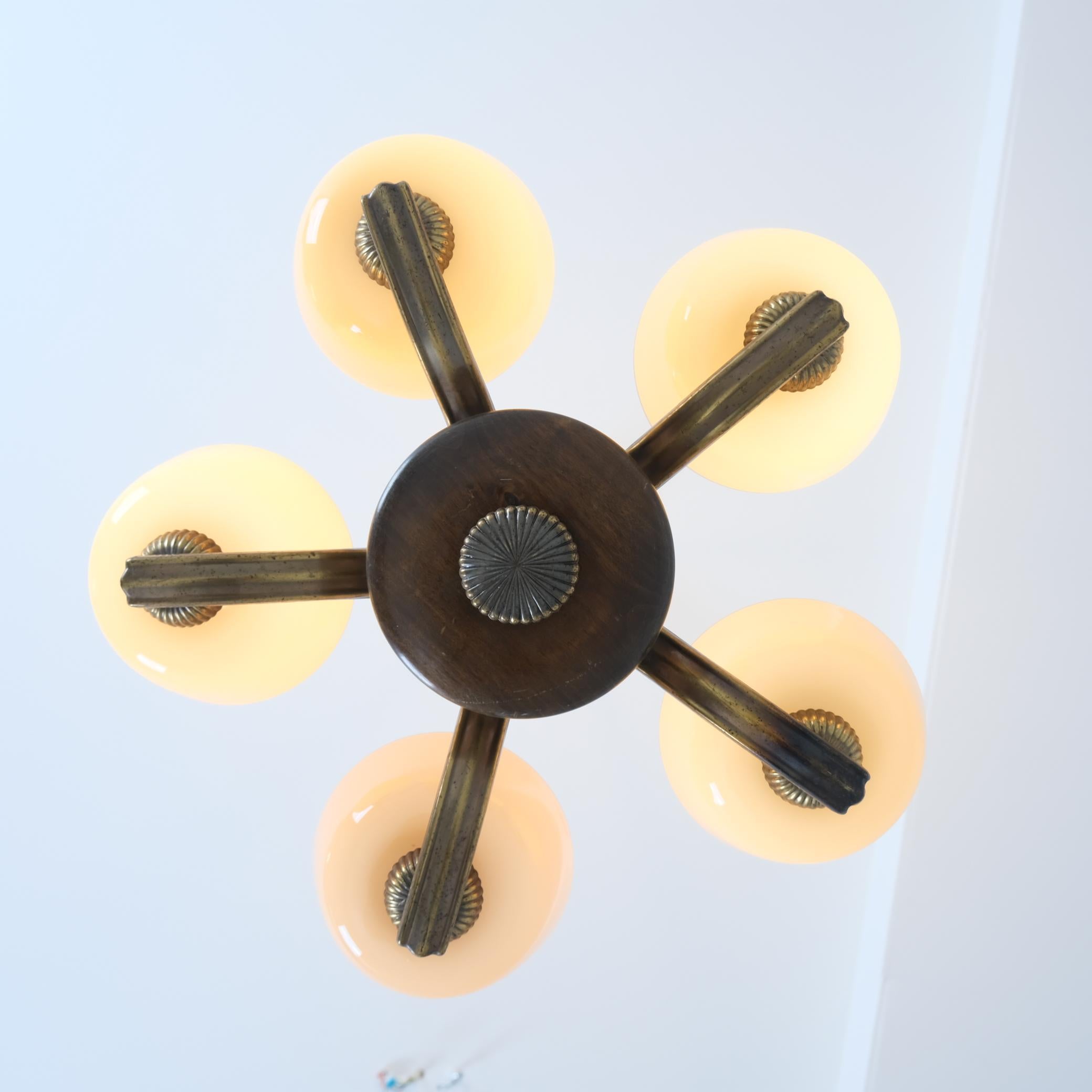 Mid-20th Century Art Deco Paavo Tynell Pendant in Brass, Birch & Opaline Glass, Taito 1930s For Sale