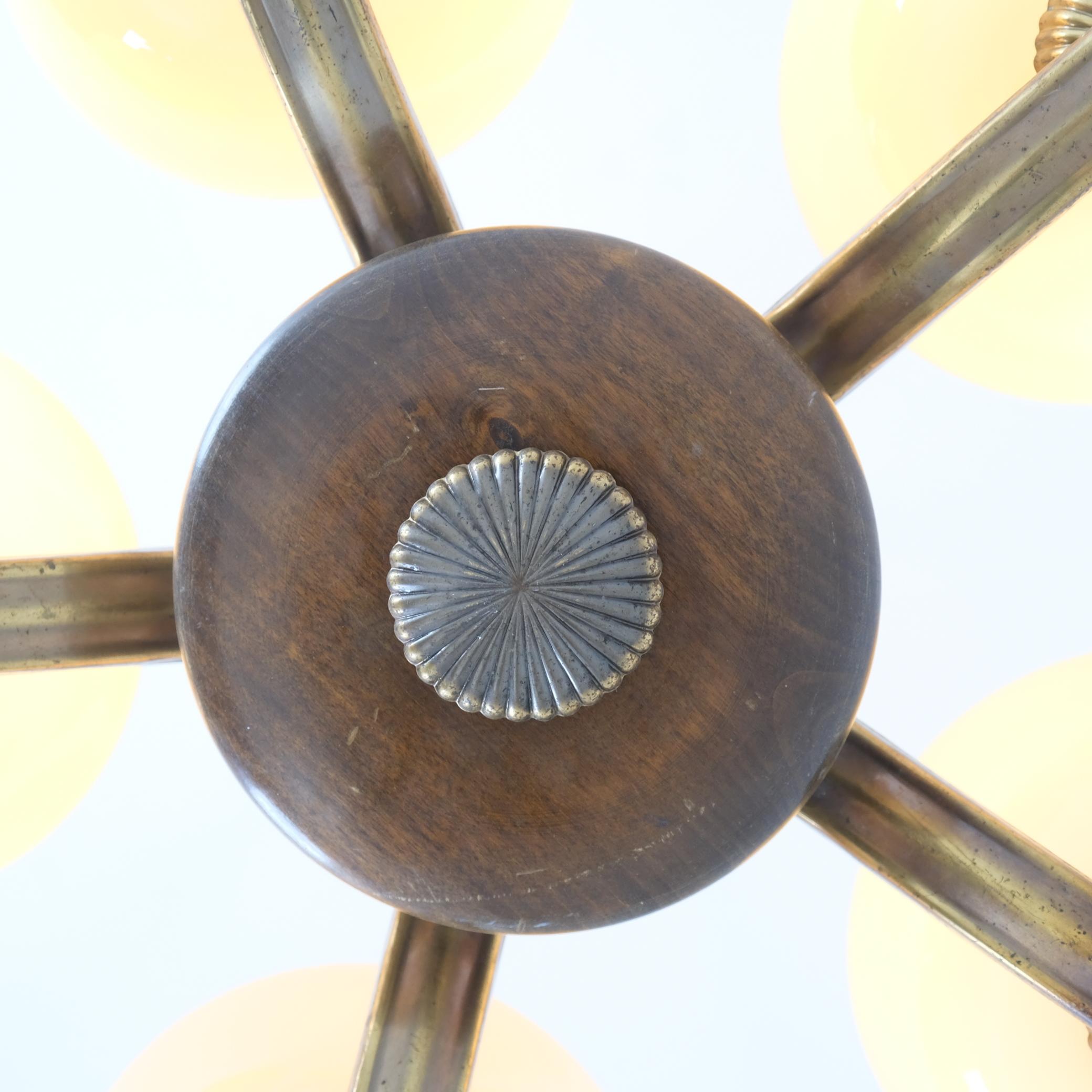 Art Deco Paavo Tynell Pendant in Brass, Birch & Opaline Glass, Taito 1930s For Sale 1