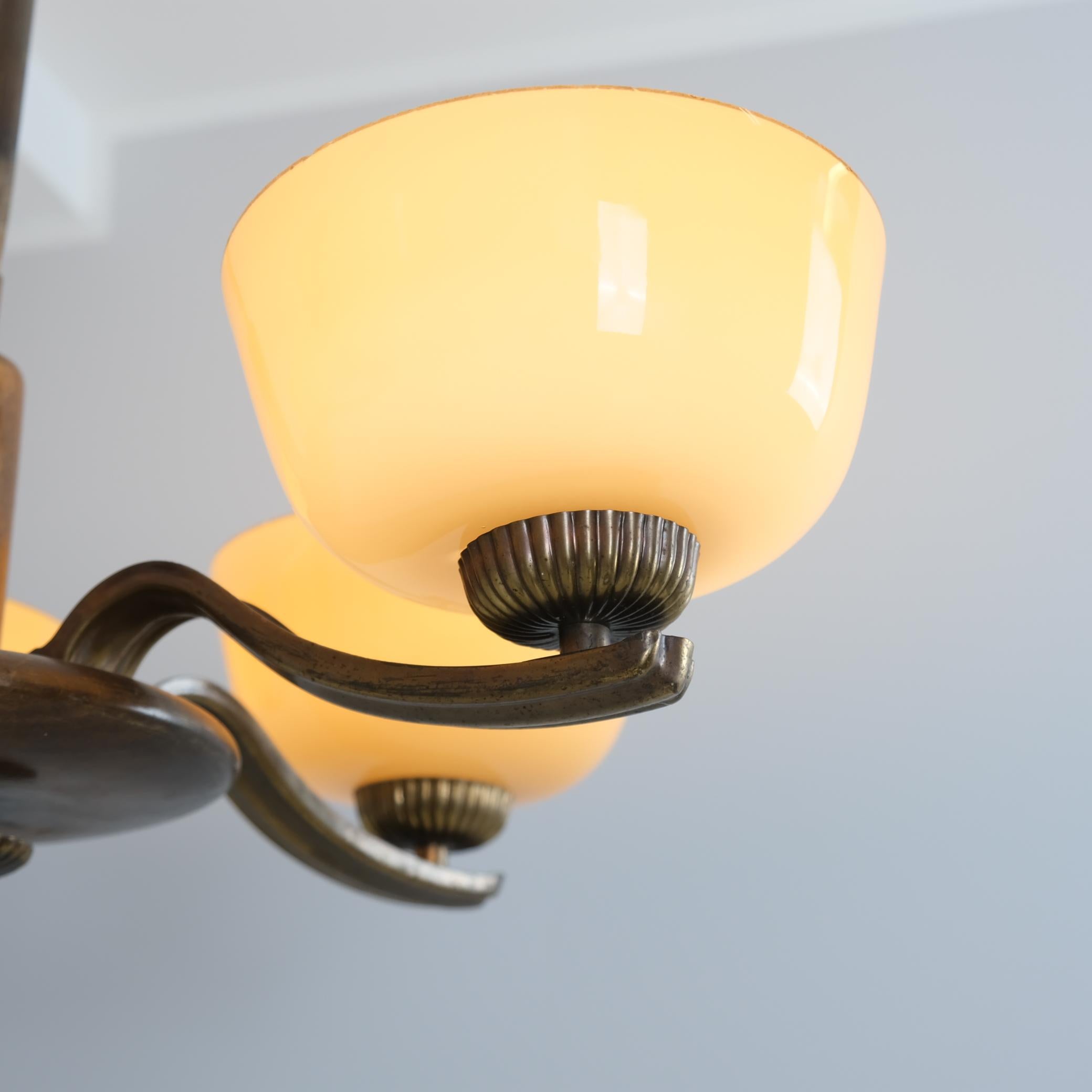Art Deco Paavo Tynell Pendant in Brass, Birch & Opaline Glass, Taito 1930s For Sale 2