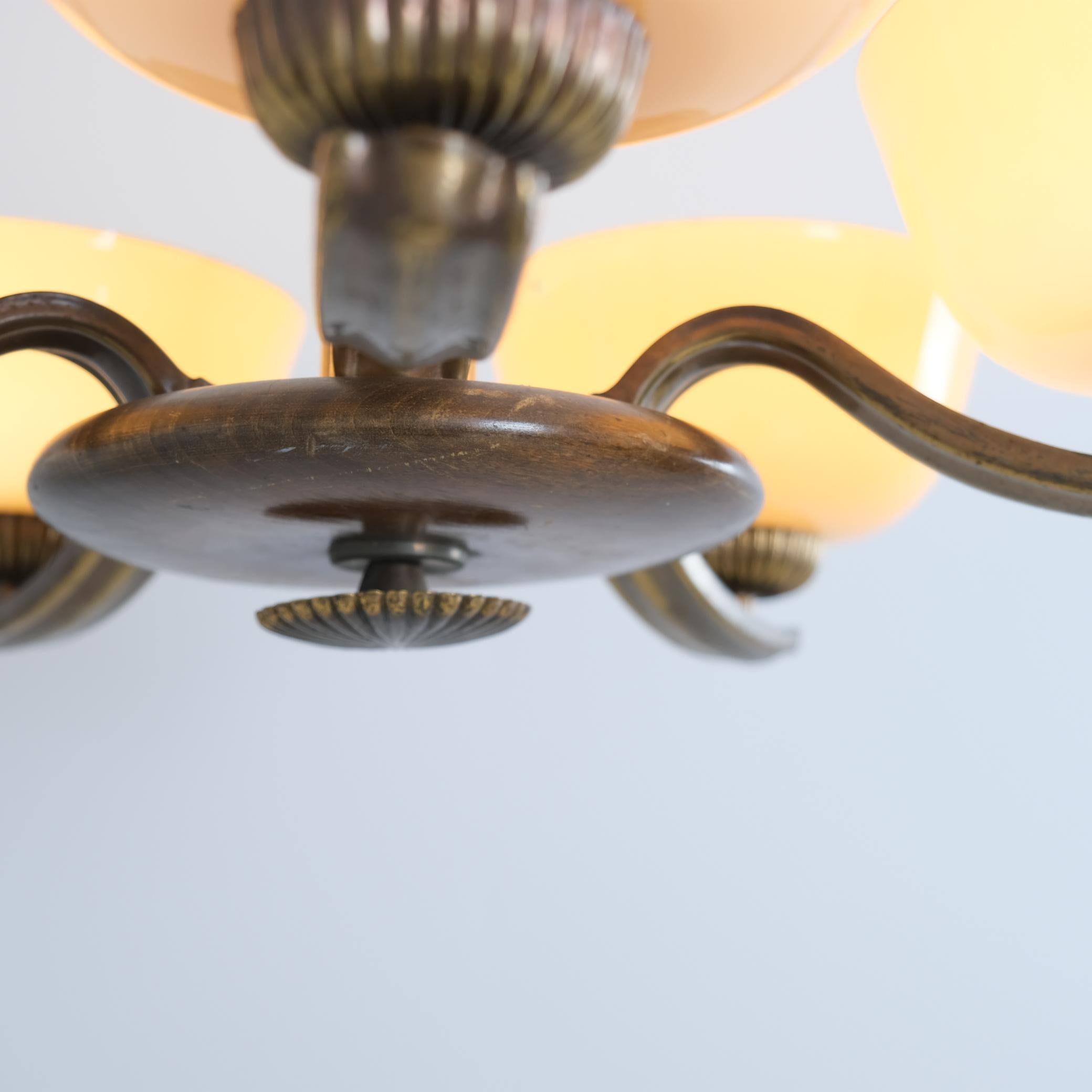 Art Deco Paavo Tynell Pendant in Brass, Birch & Opaline Glass, Taito 1930s For Sale 3