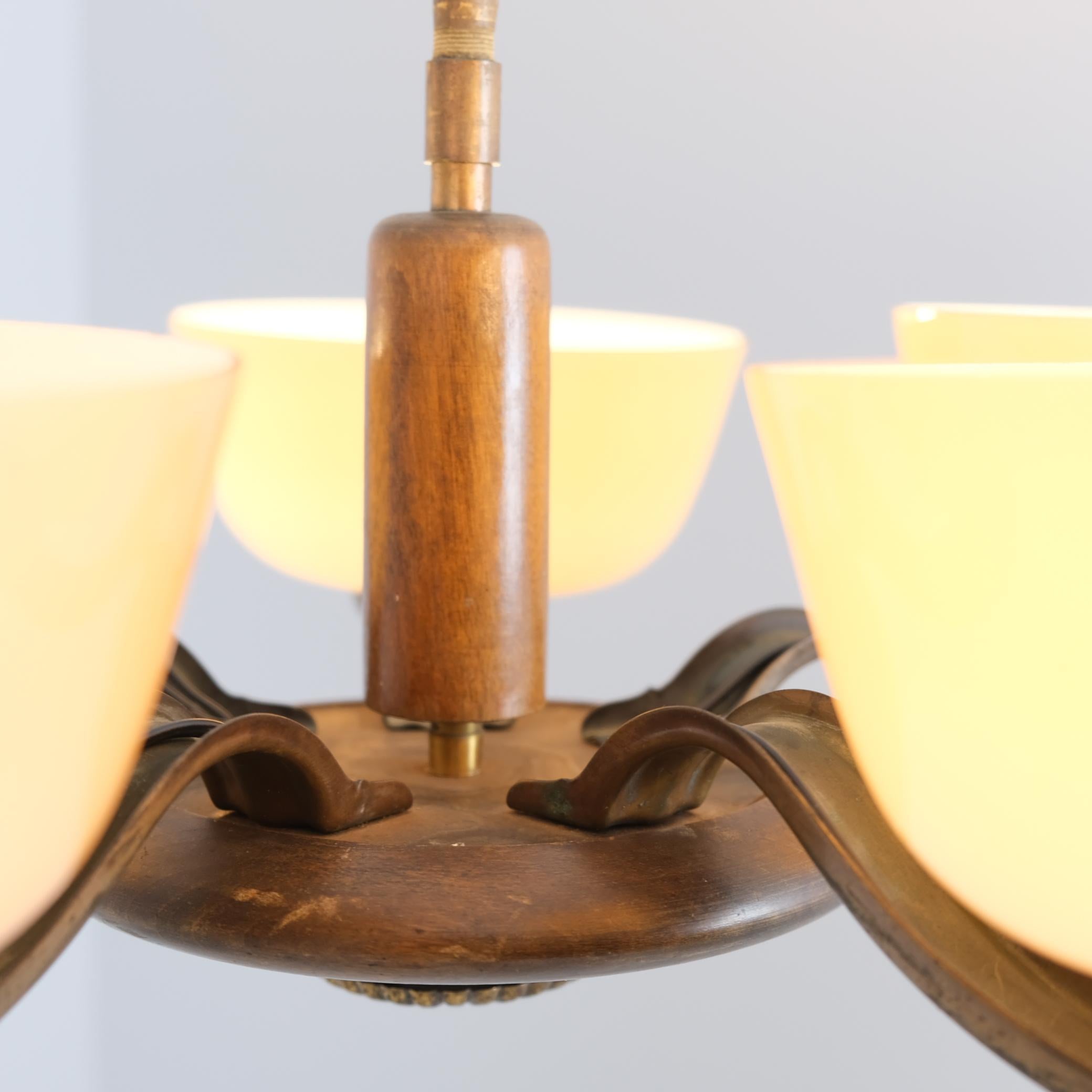Art Deco Paavo Tynell Pendant in Brass, Birch & Opaline Glass, Taito 1930s For Sale 4