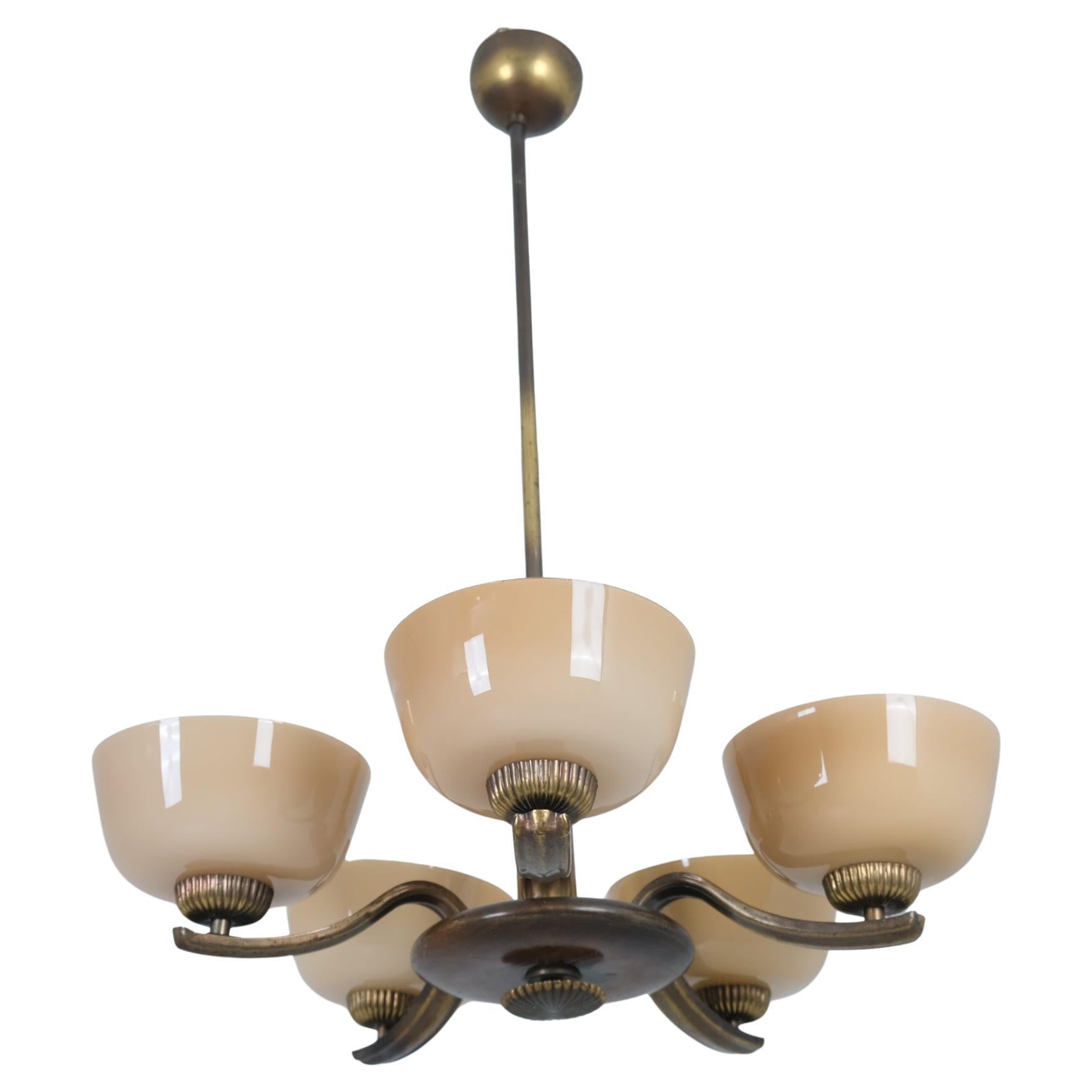 Art Deco Paavo Tynell Pendant in Brass, Birch & Opaline Glass, Taito 1930s