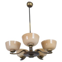 Art Deco Paavo Tynell Pendant in Brass, Birch & Opaline Glass, Taito 1930s