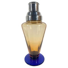 Art Deco, Paden City, Amber Glass Cocktail Shaker with Chrome Lid & Cobalt Foot
