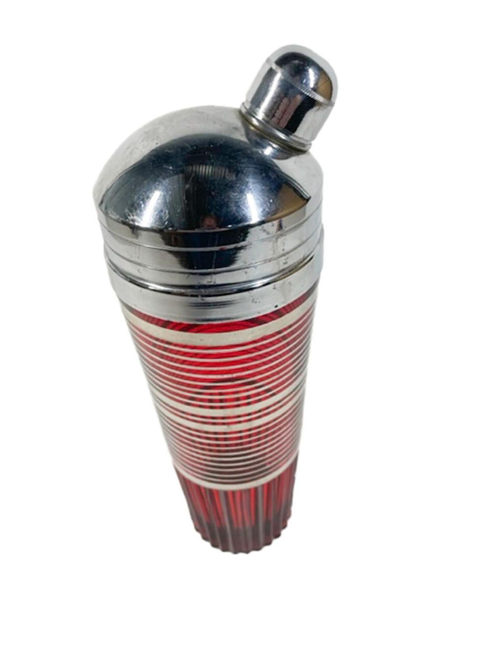 American Art Deco, Paden City Glass Cocktail Shaker in the Glades Pattern, Ruby W/Silver