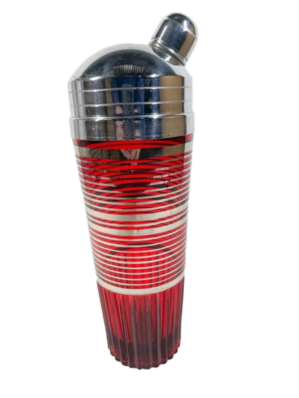 20th Century Art Deco, Paden City Glass Cocktail Shaker in the Glades Pattern, Ruby W/Silver