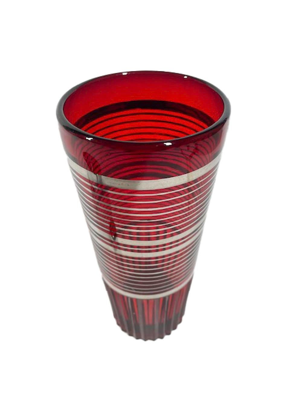 Art Deco, Paden City Glass Cocktail Shaker in the Glades Pattern, Ruby W/Silver 1