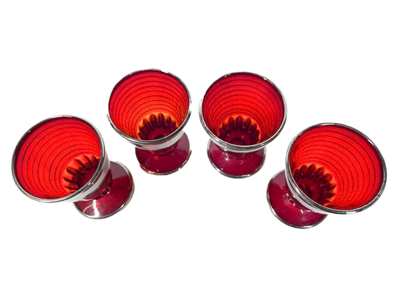 Art Deco, Paden City Glass, Cocktail Shaker Set in Ruby Glass W/Silver Bands For Sale 5