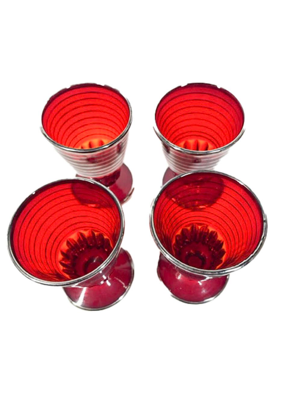 Ensemble de shaker à cocktail Art Déco Paden City Glass en verre rubis avec bandes en argent en vente 5