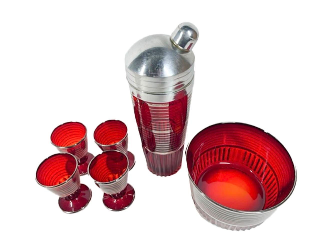 American Art Deco, Paden City Glass, Cocktail Shaker Set in Ruby Glass W/Silver Bands For Sale