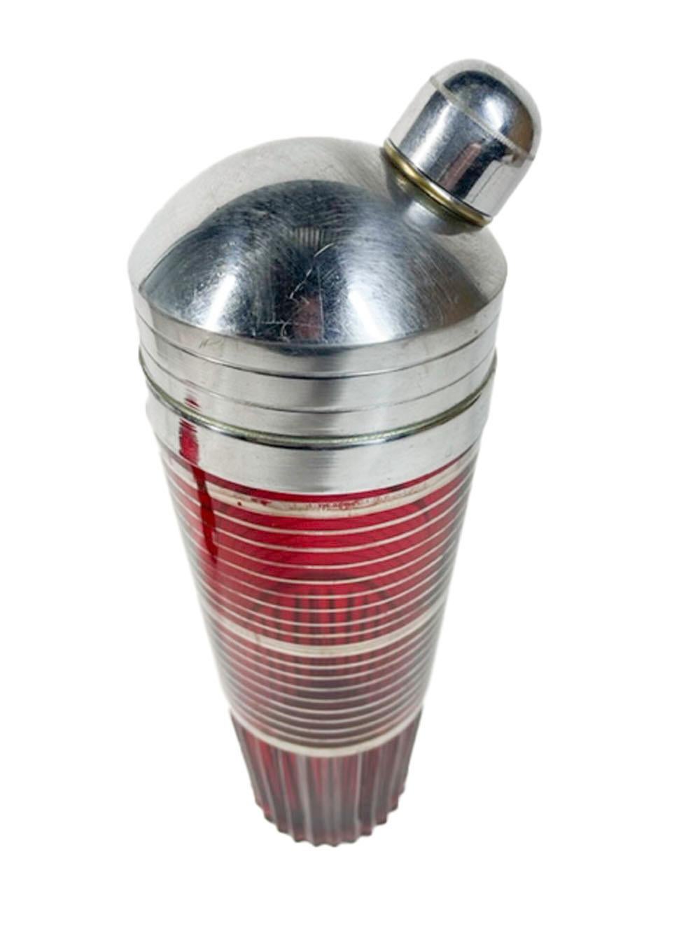 Art Deco, Paden City Glass, Cocktail Shaker Set in Ruby Glass W/Silver Bands In Good Condition For Sale In Nantucket, MA