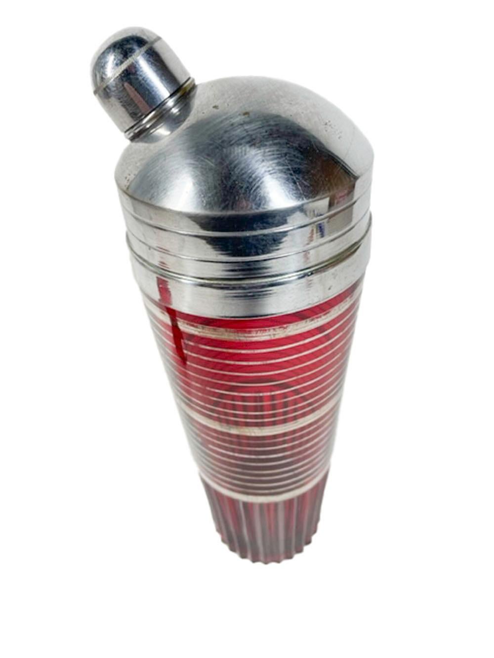 20th Century Art Deco, Paden City Glass, Cocktail Shaker Set in Ruby Glass W/Silver Bands For Sale