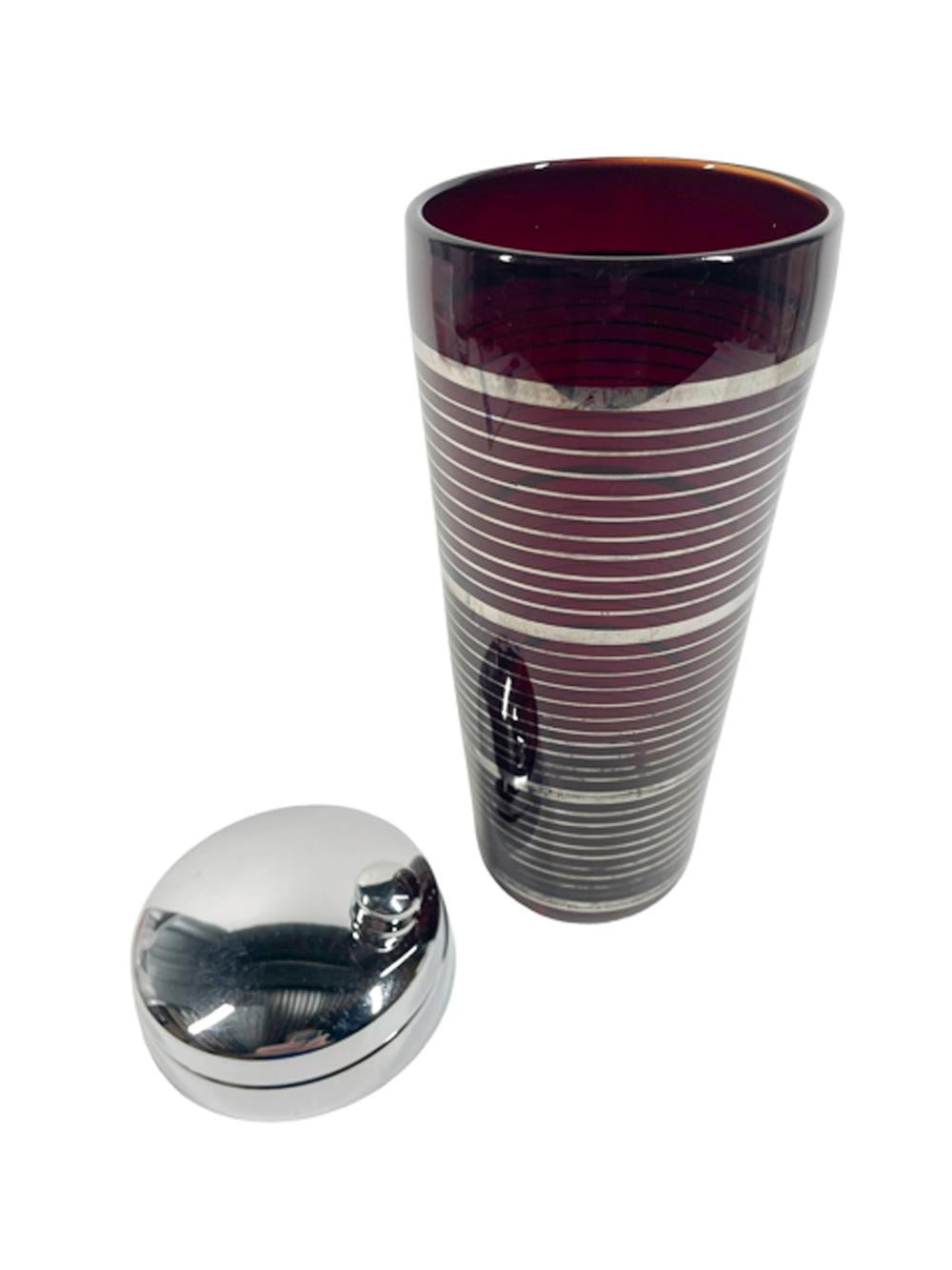 American Art Deco Paden City Glass Ruby Glass Cocktail Shaker w/Silver Bands, Chrome Lid For Sale