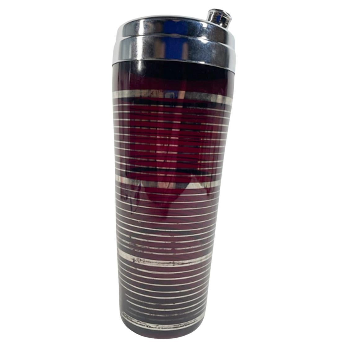 Art Deco Paden City Glass Ruby Glass Cocktail Shaker w/Silver Bands, Chrome Lid For Sale